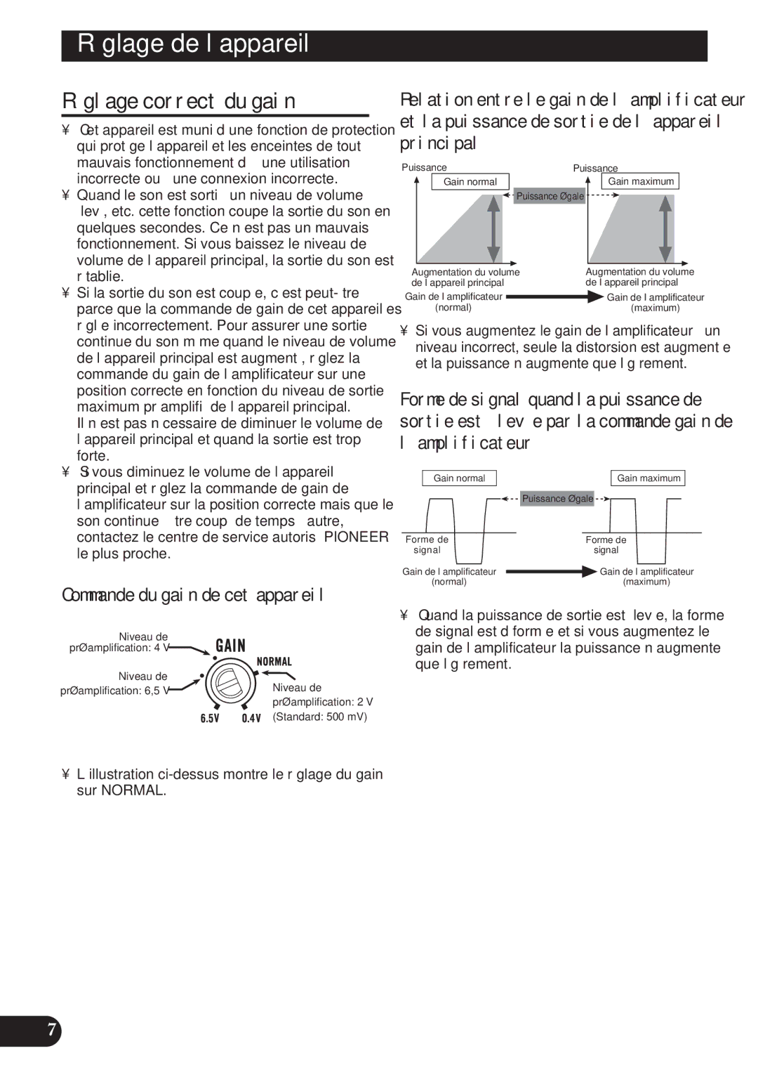 Pioneer PRS-D2200T owner manual Réglage correct du gain, Commande du gain de cet appareil 