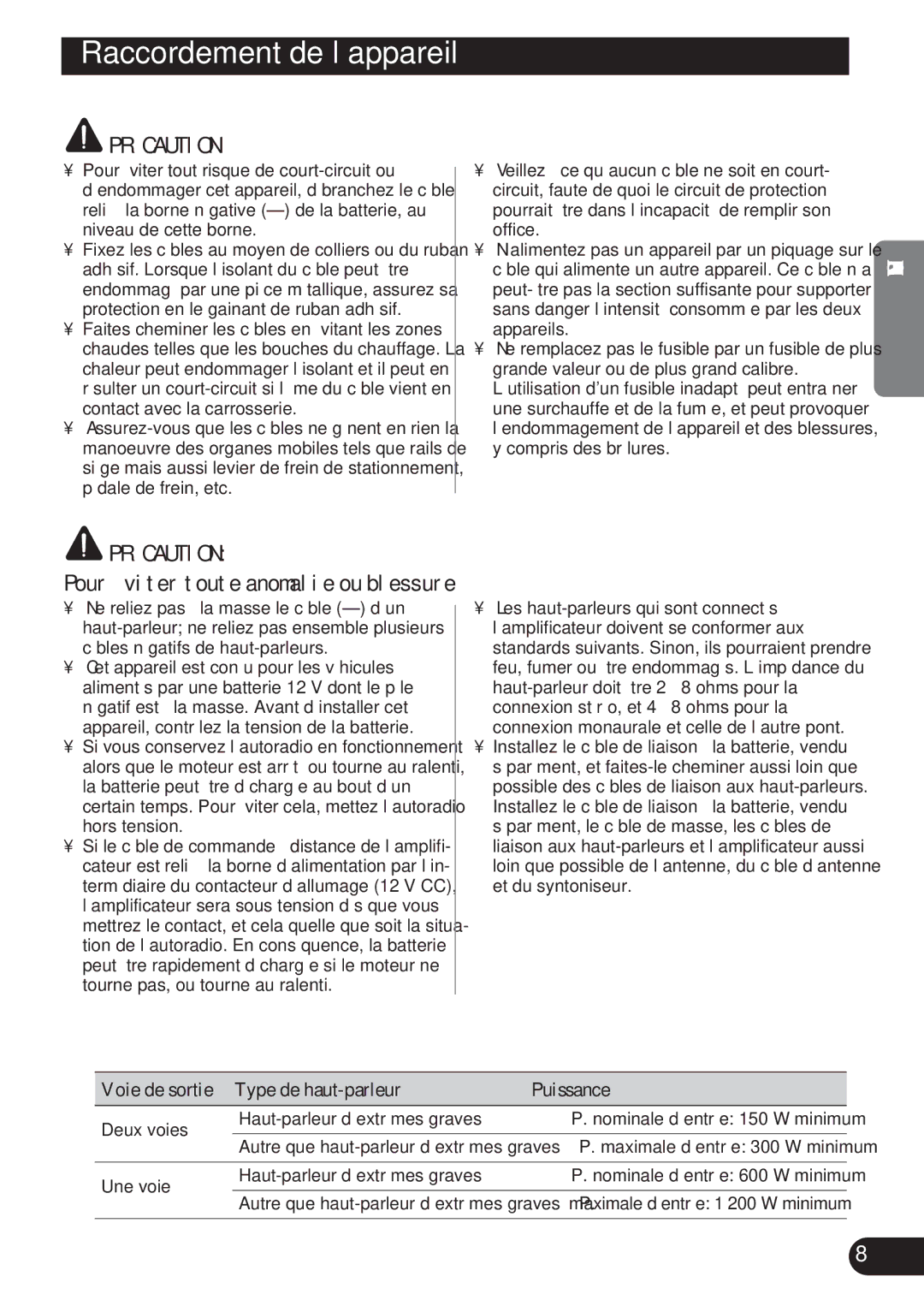 Pioneer PRS-D2200T owner manual Raccordement de l’appareil, Pour éviter toute anomalie ou blessure 