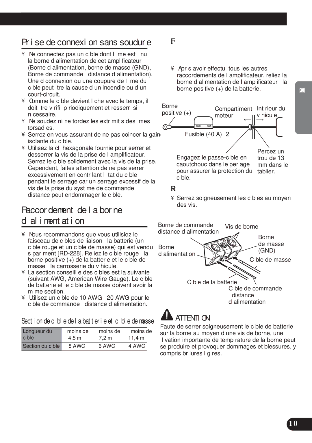 Pioneer PRS-D2200T owner manual Raccordement de la borne d’alimentation 