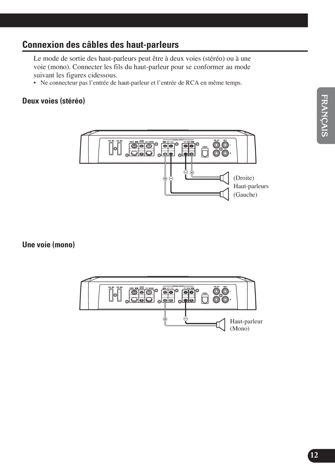 Pioneer PRS-D2200T Connexion des câbles des haut-parleurs, Deux voies stéréo, Une voie mono, Droite Haut-parleurs Gauche 