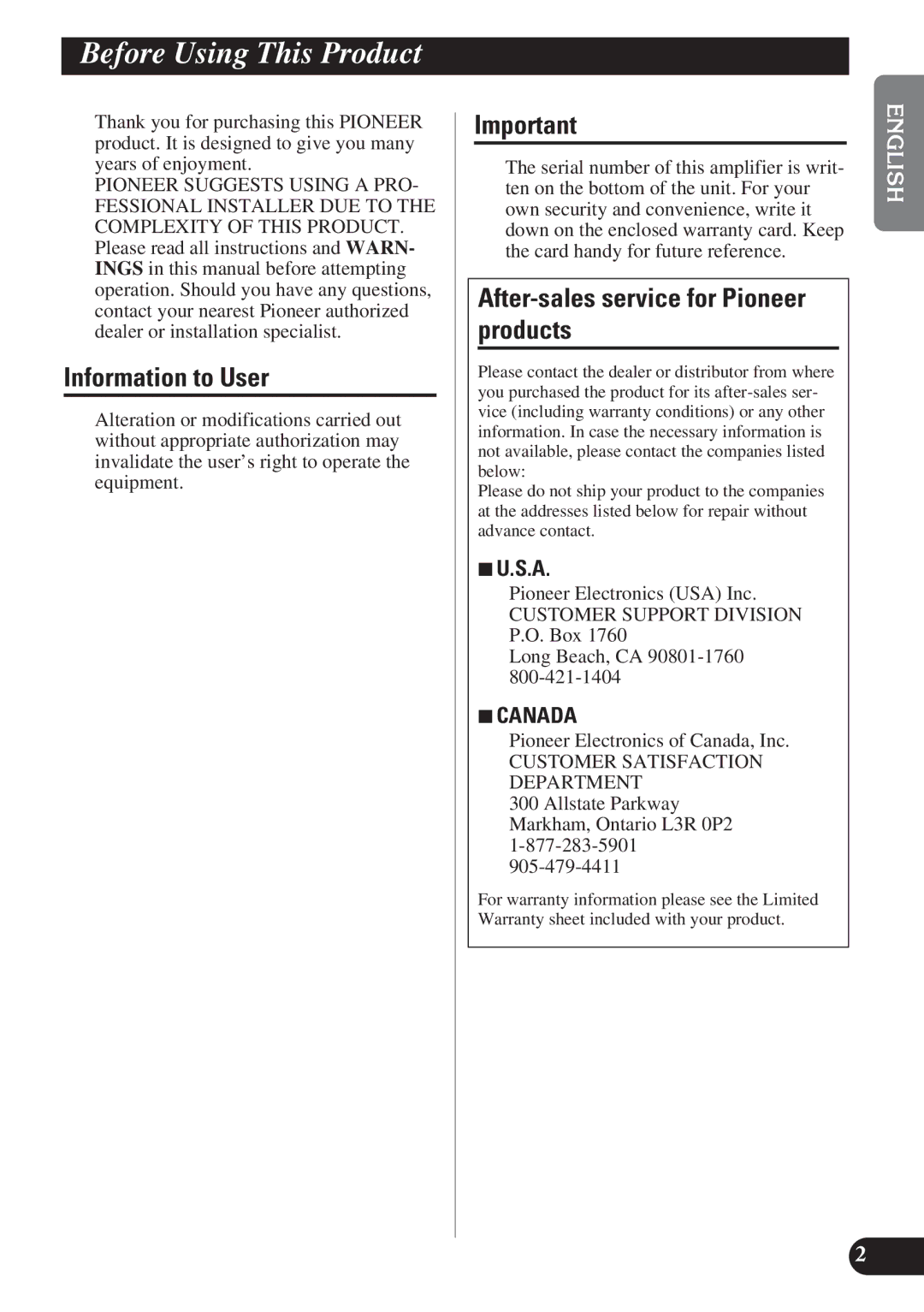 Pioneer PRS-D2200T Before Using This Product, Information to User, After-sales service for Pioneer products, S.A 