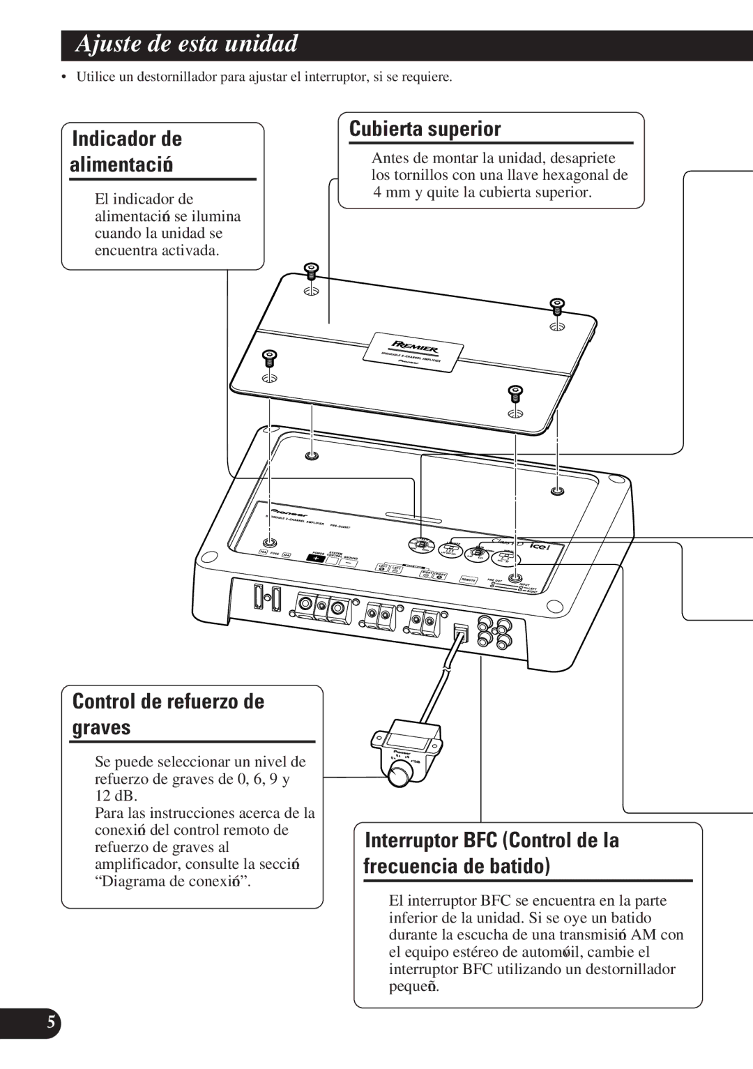 Pioneer PRS-D2200T owner manual Ajuste de esta unidad, Cubierta superior, Control de refuerzo de graves 