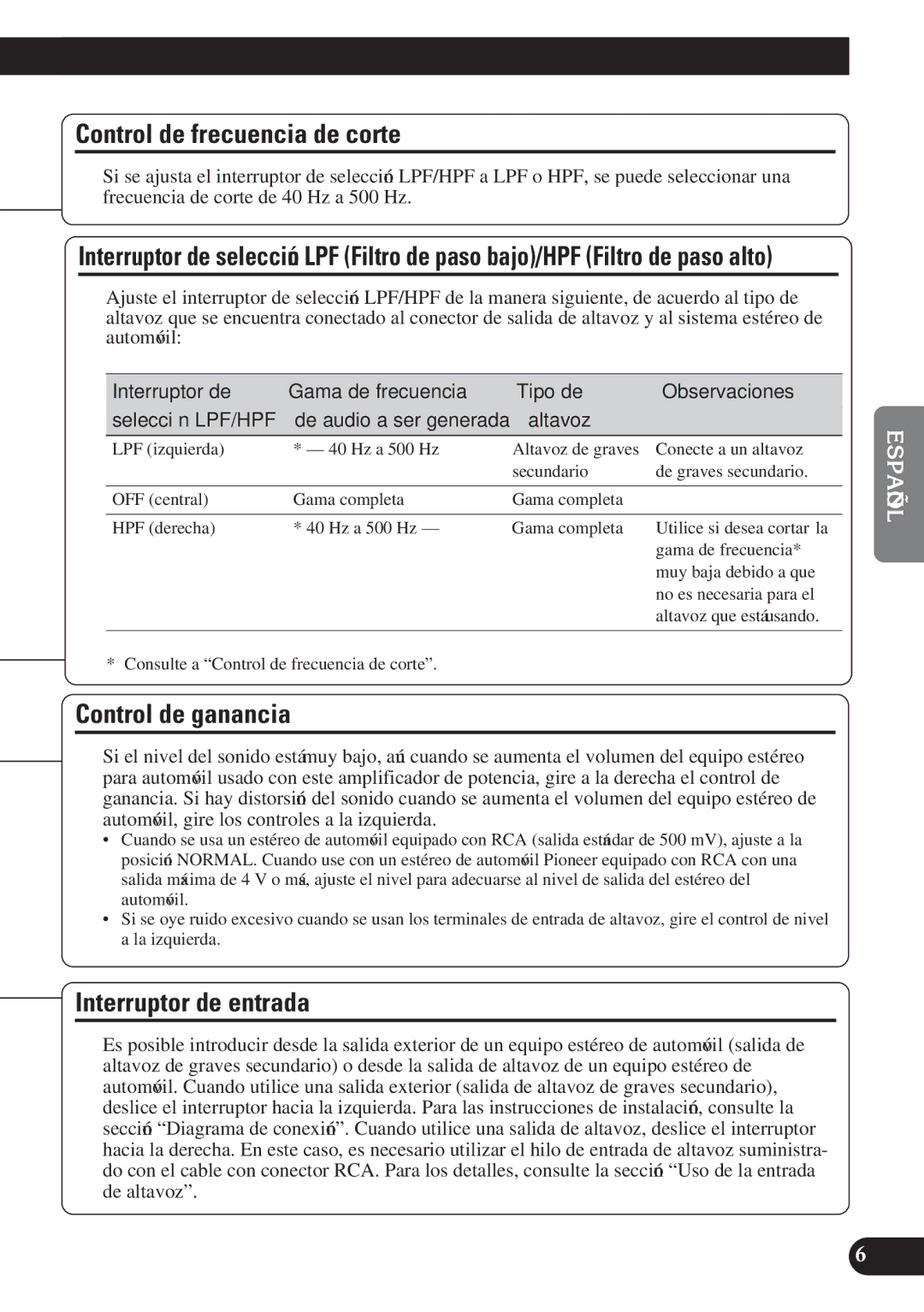 Pioneer PRS-D2200T owner manual Control de frecuencia de corte, Control de ganancia, Interruptor de entrada 