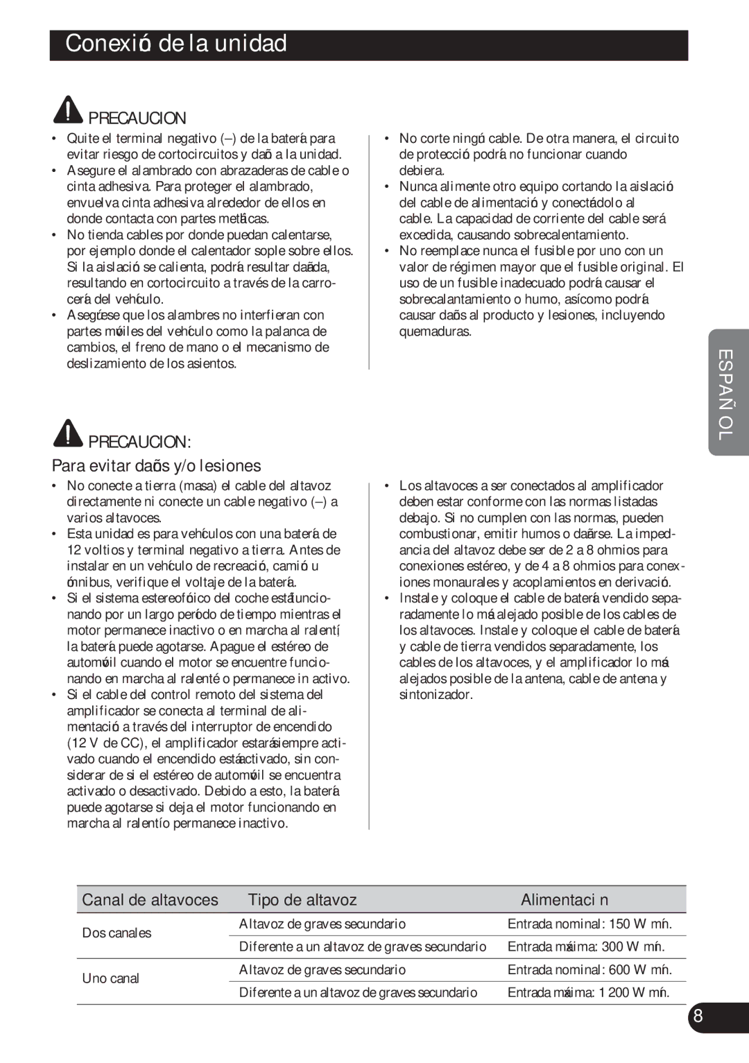 Pioneer PRS-D2200T Conexión de la unidad, Para evitar daños y/o lesiones, Canal de altavoces Tipo de altavoz Alimentación 