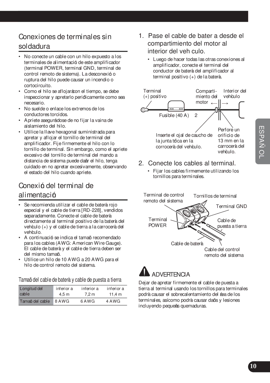 Pioneer PRS-D2200T owner manual Conexiones de terminales sin soldadura, Conexión del terminal de alimentación 