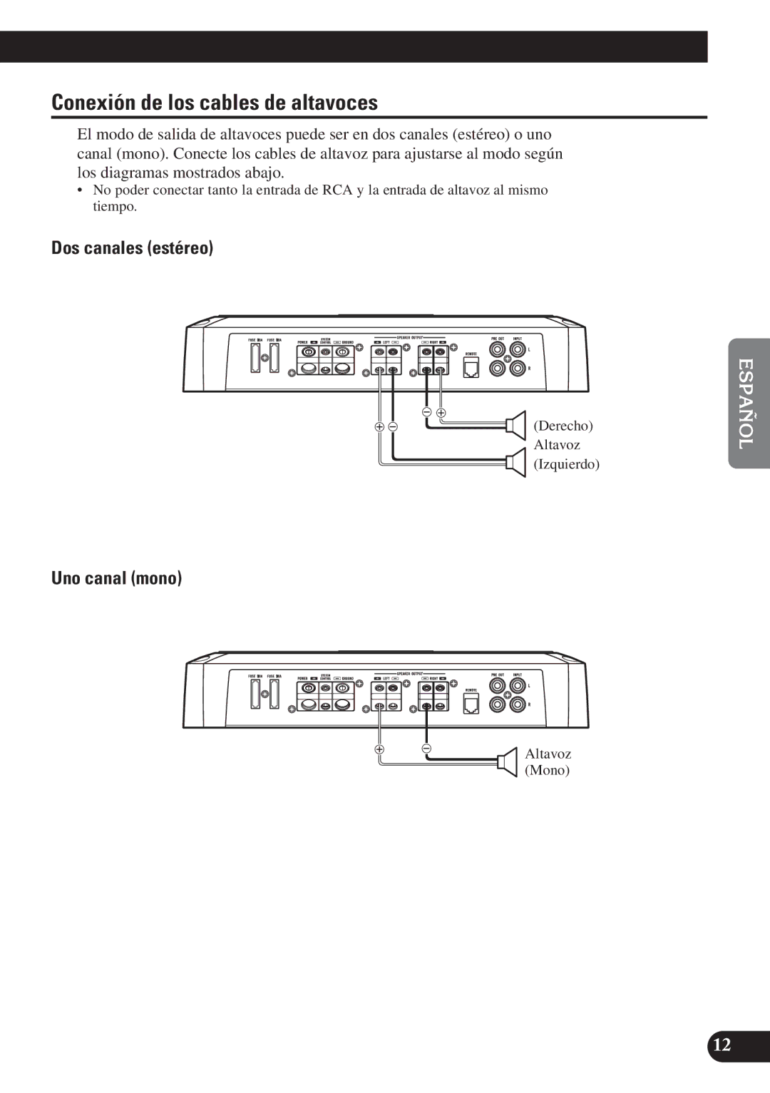 Pioneer PRS-D2200T Conexión de los cables de altavoces, Dos canales estéreo, Uno canal mono, Derecho Altavoz Izquierdo 