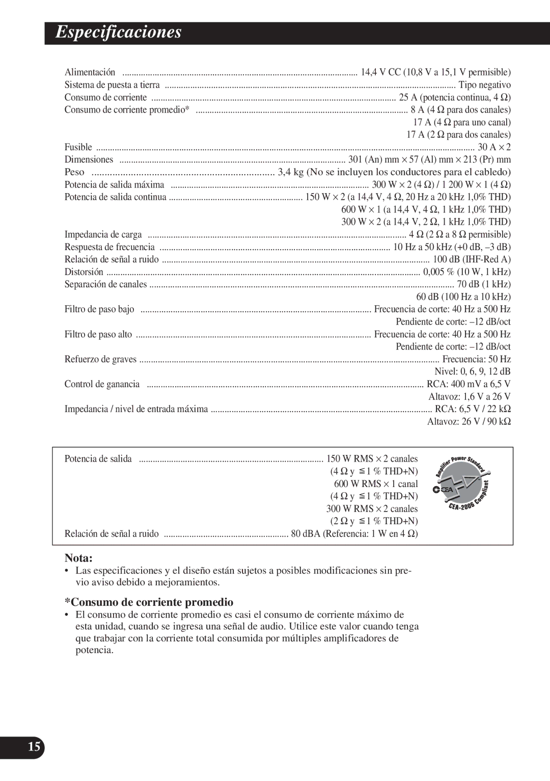 Pioneer PRS-D2200T owner manual EspecificacionesA Title English, Consumo de corriente promedio 