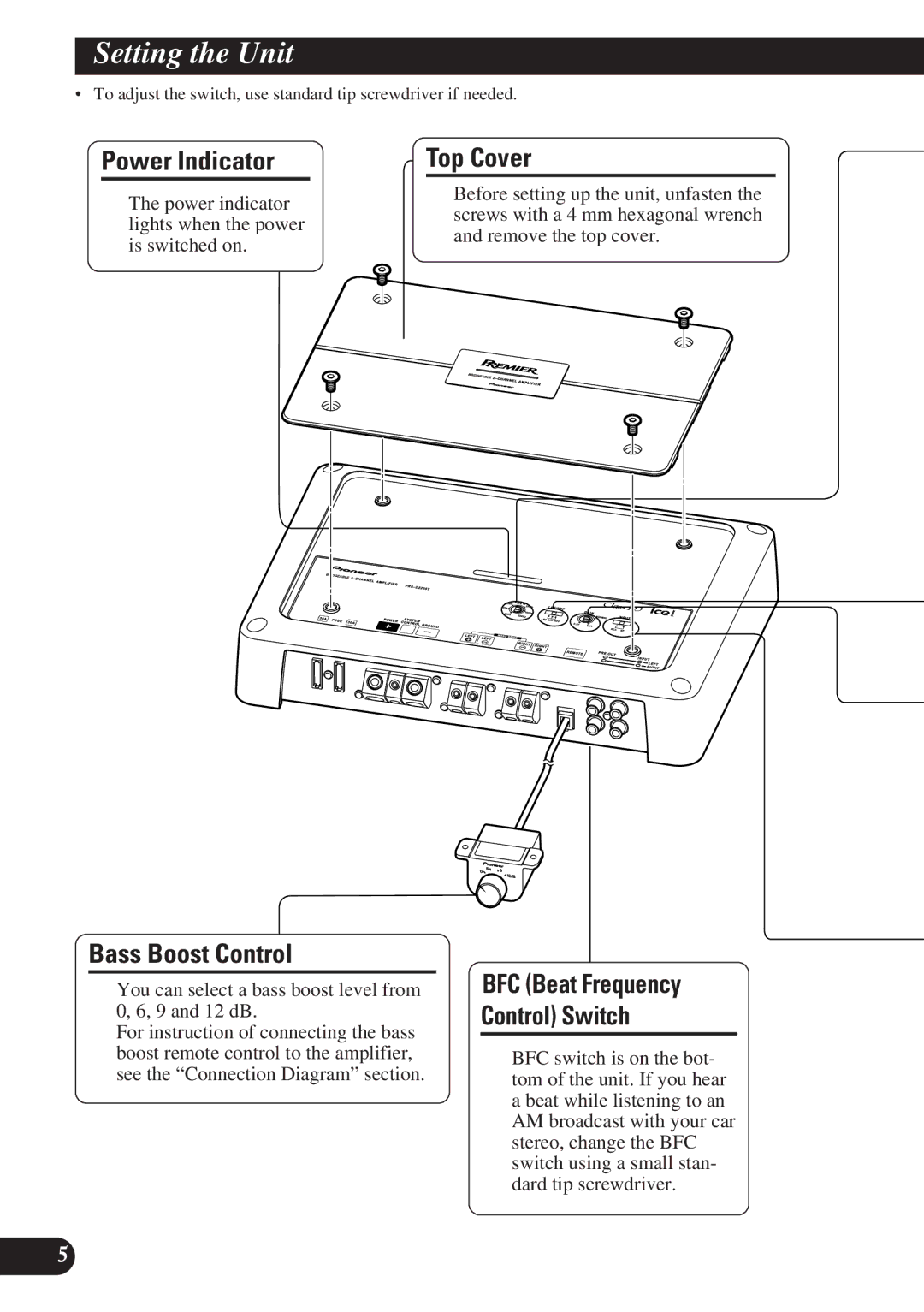 Pioneer PRS-D2200T Setting the Unit, Power Indicator, Top Cover, Bass Boost Control, BFC Beat Frequency Control Switch 