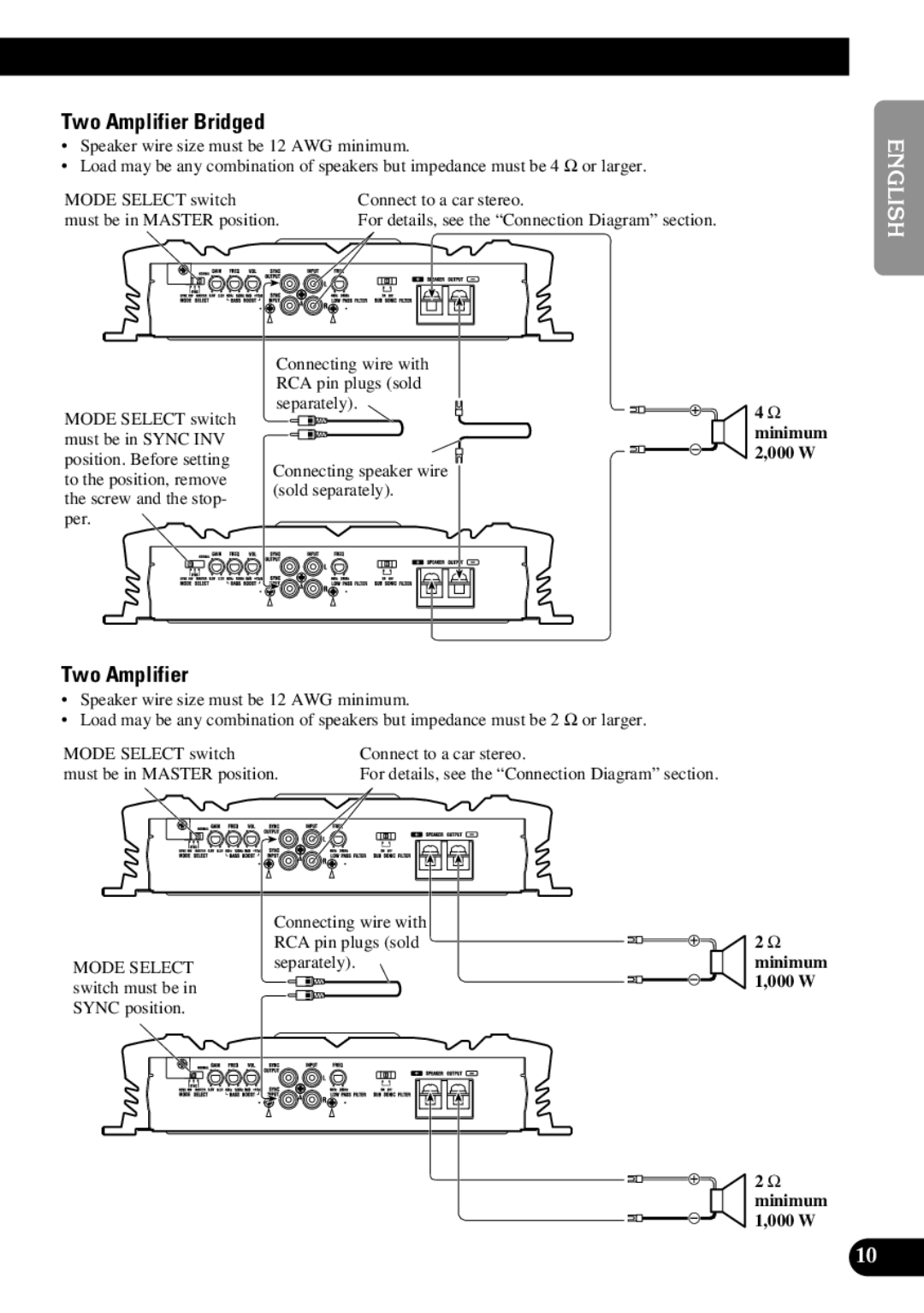 Pioneer PRS-D3000SPL owner manual Two Amplifier Bridged, Connecting wire with RCA pin plugs sold, Separately 