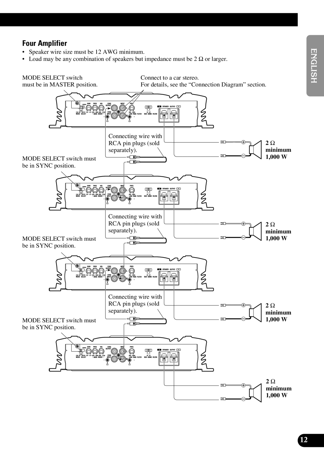 Pioneer PRS-D3000SPL owner manual Four Amplifier, Mode Select switch must, Be in Sync position 