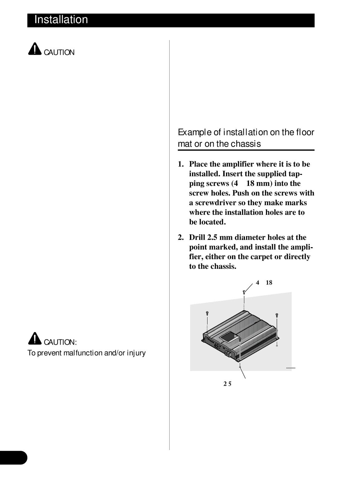 Pioneer PRS-D3000SPL owner manual Installation, Example of installation on the floor mat or on the chassis 