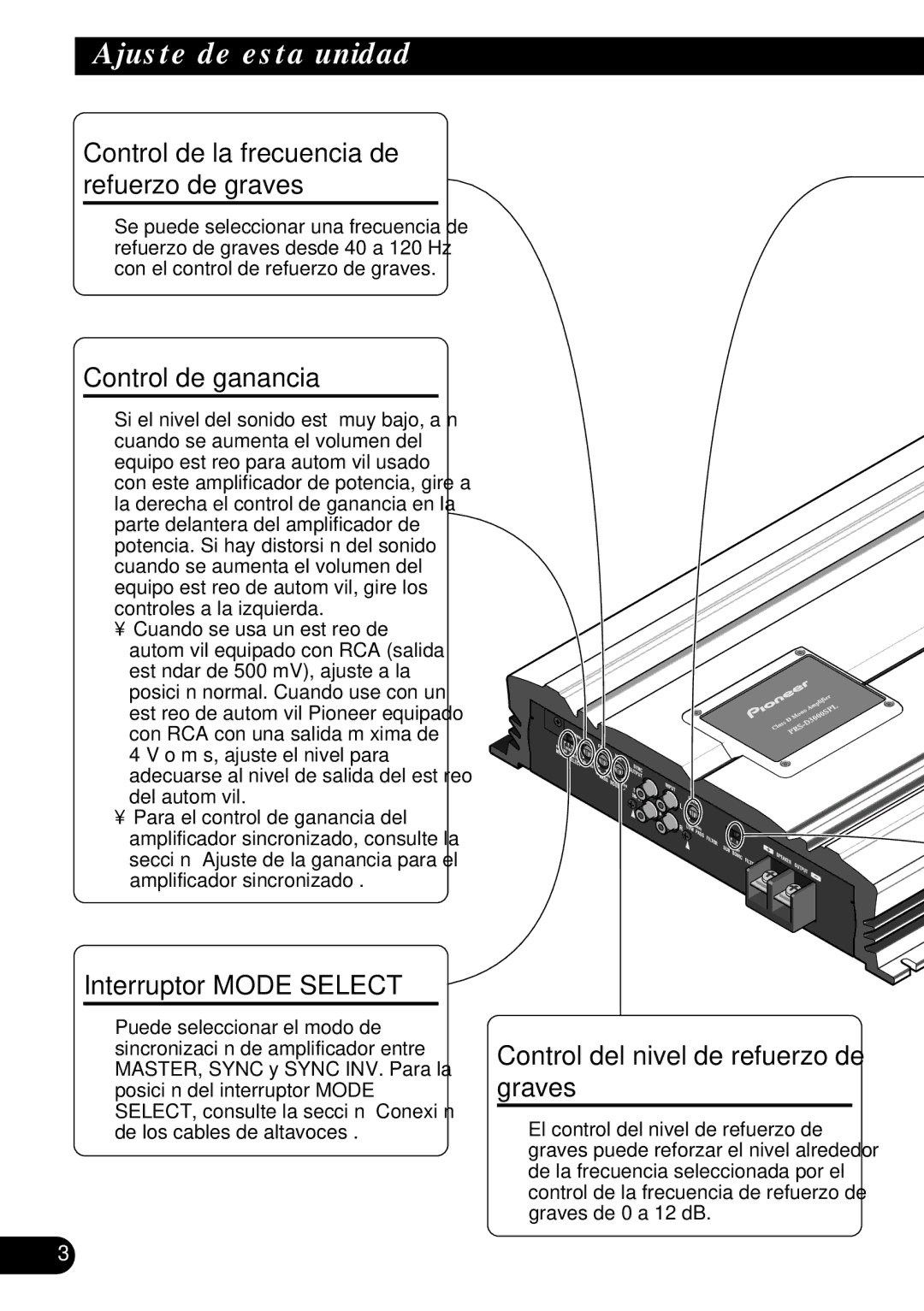 Pioneer PRS-D3000SPL Ajuste de esta unidad, Control de la frecuencia de refuerzo de graves, Control de ganancia 