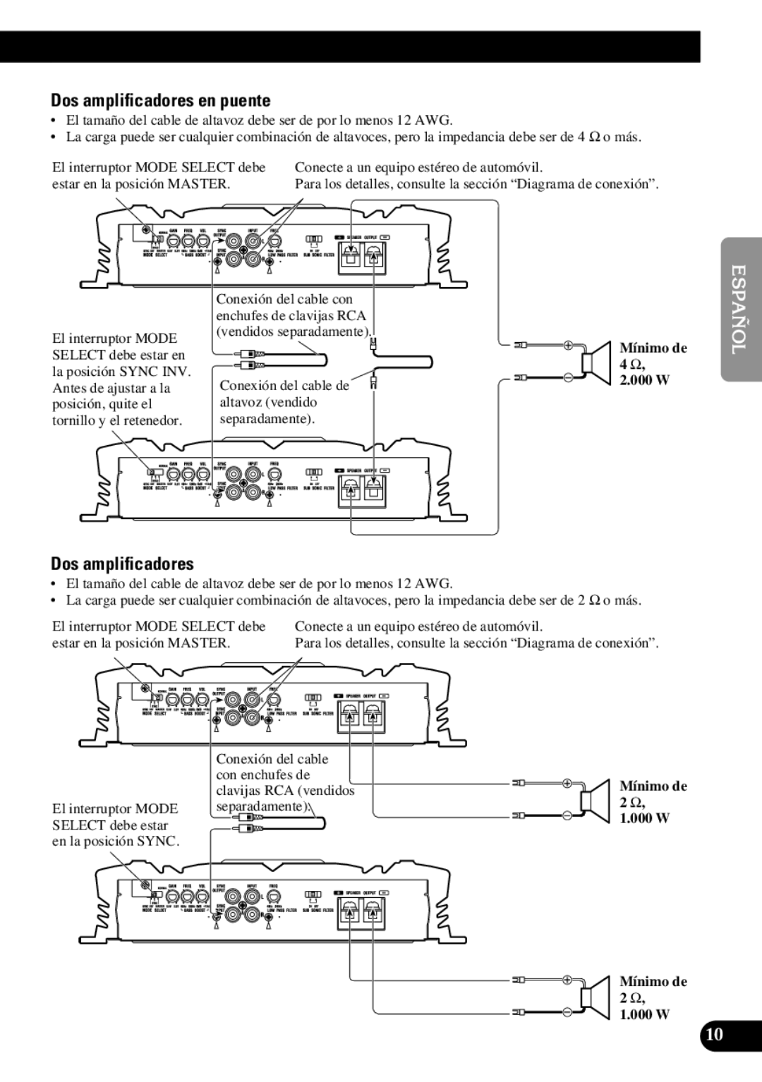 Pioneer PRS-D3000SPL owner manual Dos amplificadores en puente 