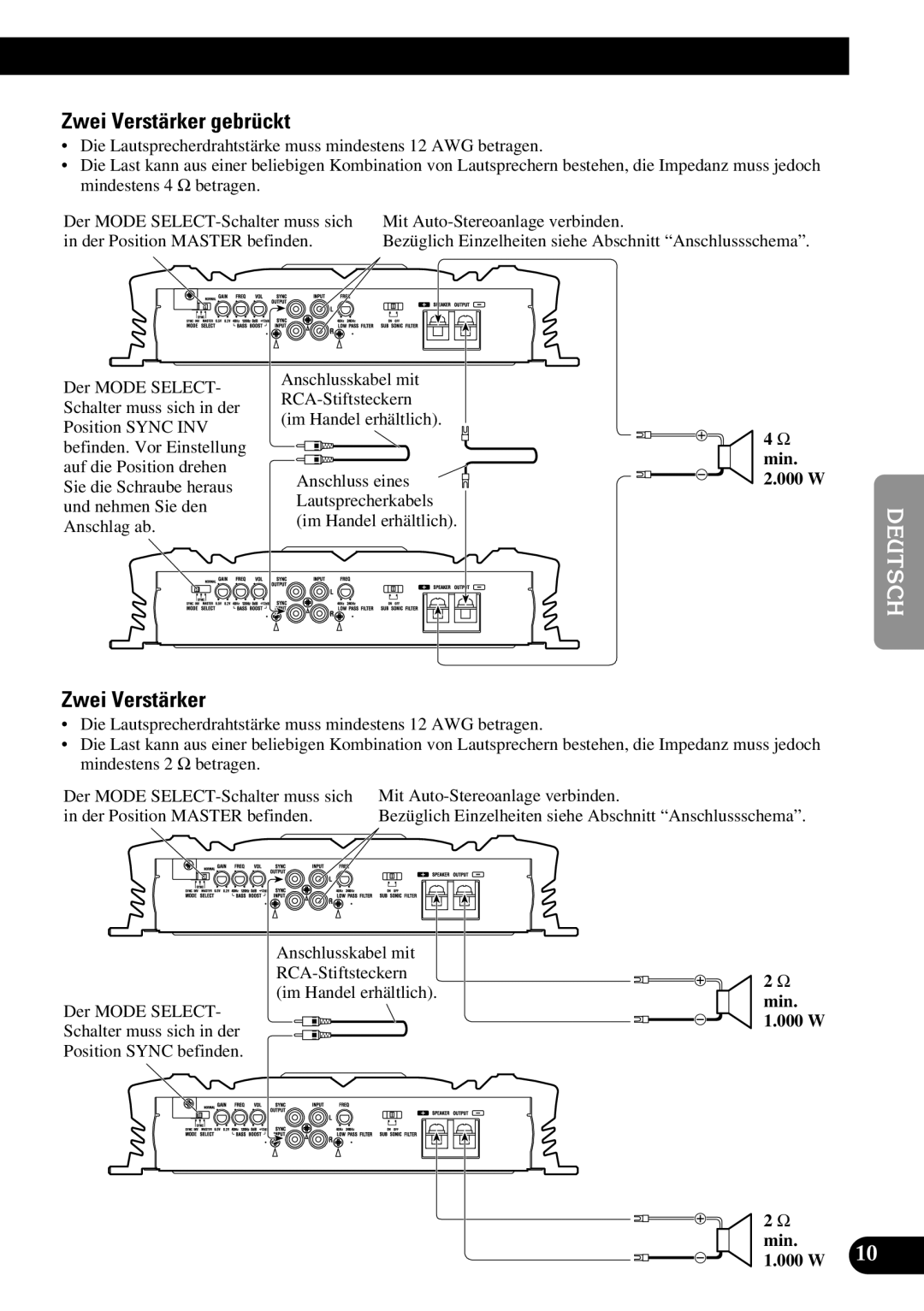 Pioneer PRS-D3000SPL owner manual Zwei Verstärker gebrückt, Anschluss eines Lautsprecherkabels im Handel erhältlich 