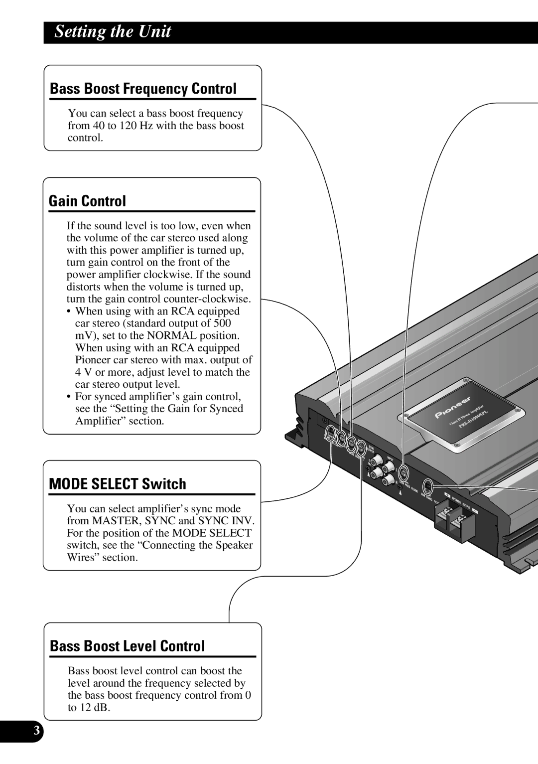 Pioneer PRS-D3000SPL owner manual Setting the Unit, Bass Boost Frequency Control, Gain Control, Mode Select Switch 