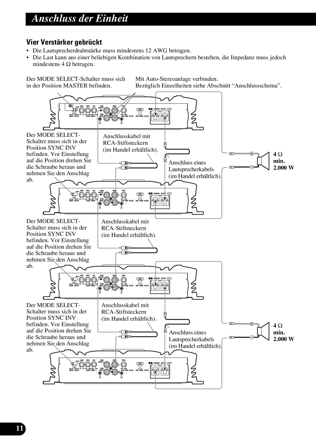 Pioneer PRS-D3000SPL owner manual Vier Verstärker gebrückt 