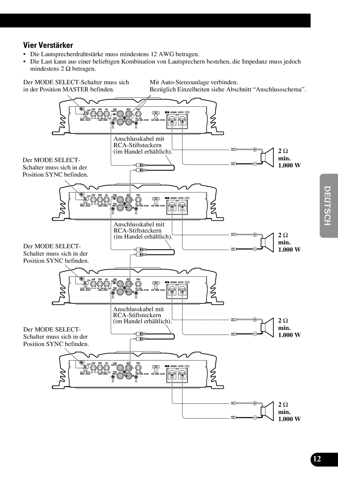 Pioneer PRS-D3000SPL owner manual Vier Verstärker, Schalter muss sich in der 