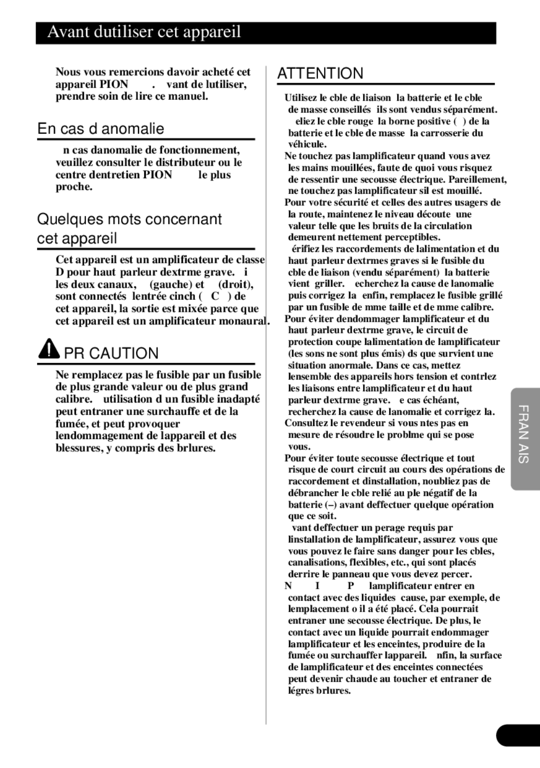 Pioneer PRS-D3000SPL owner manual Avant d’utiliser cet appareil, En cas d’anomalie, Quelques mots concernant cet appareil 