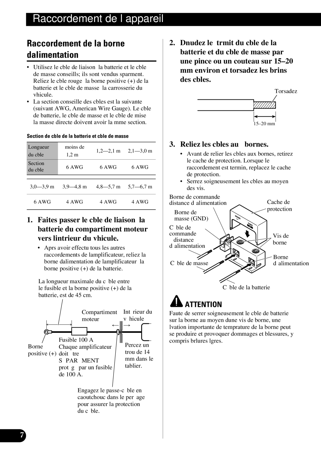 Pioneer PRS-D3000SPL owner manual Raccordement de la borne d’alimentation, Reliez les câbles aux bornes, Tablier, Torsadez 