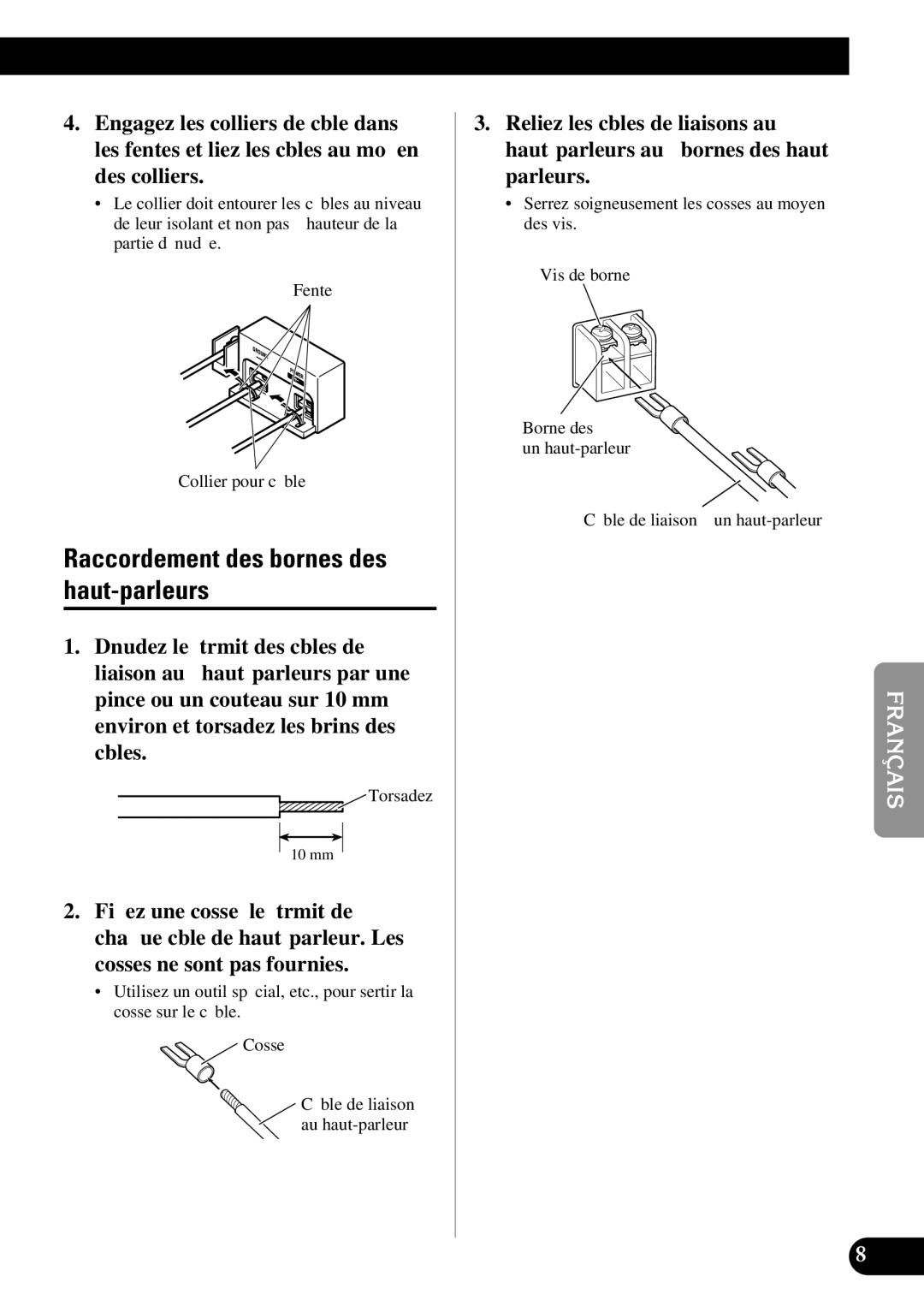 Pioneer PRS-D3000SPL owner manual Raccordement des bornes des haut-parleurs 