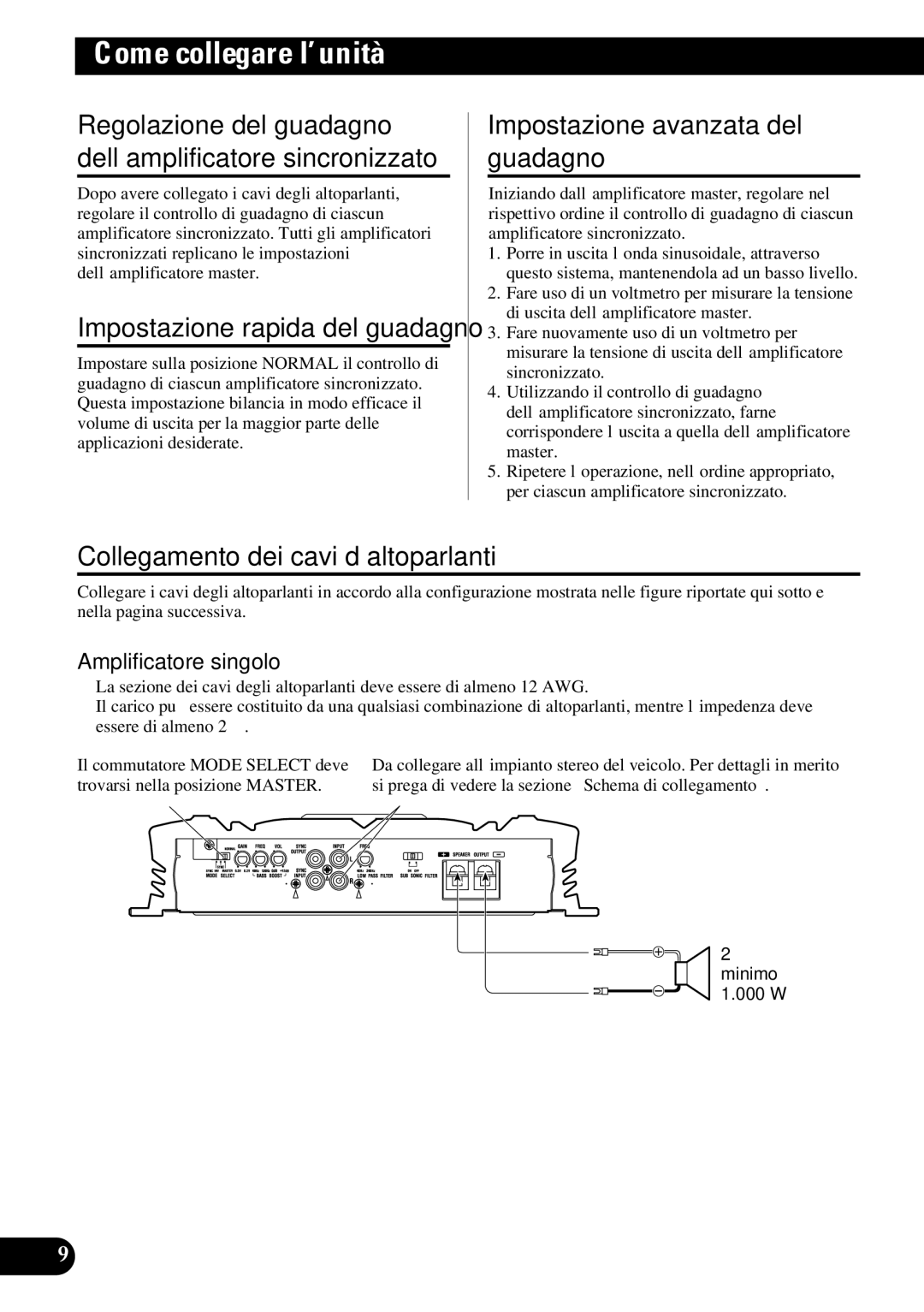 Pioneer PRS-D3000SPL Impostazione avanzata del guadagno, Collegamento dei cavi d’altoparlanti, Amplificatore singolo 