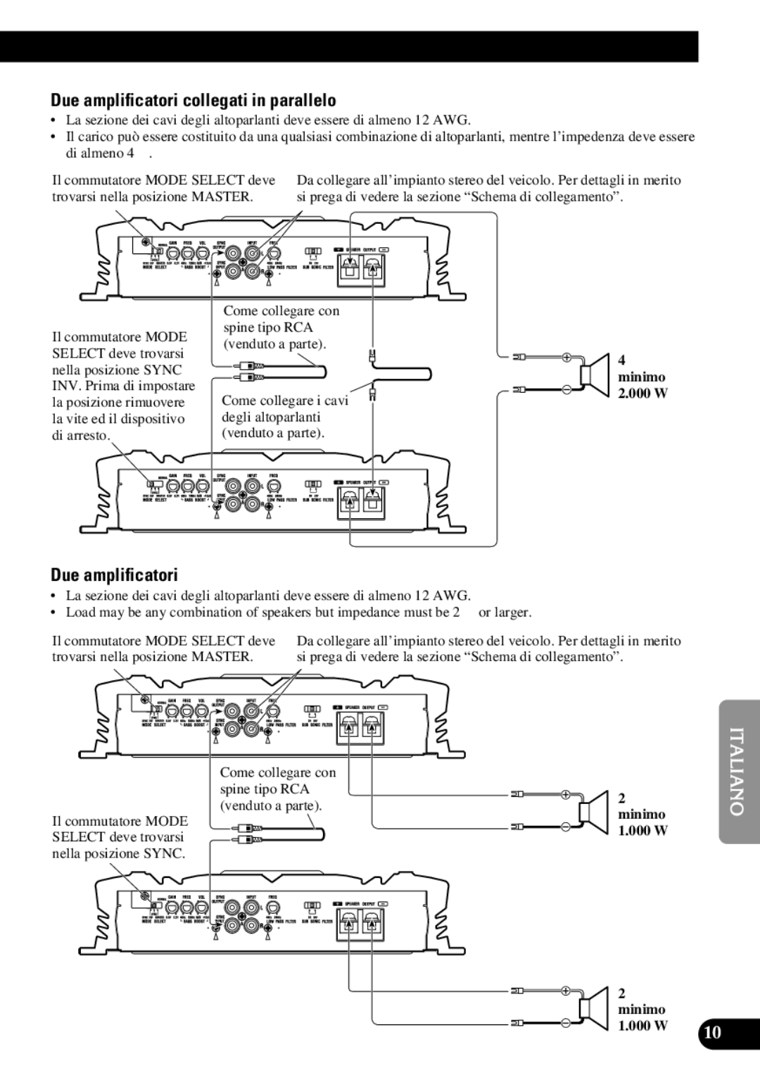 Pioneer PRS-D3000SPL owner manual Due amplificatori collegati in parallelo 