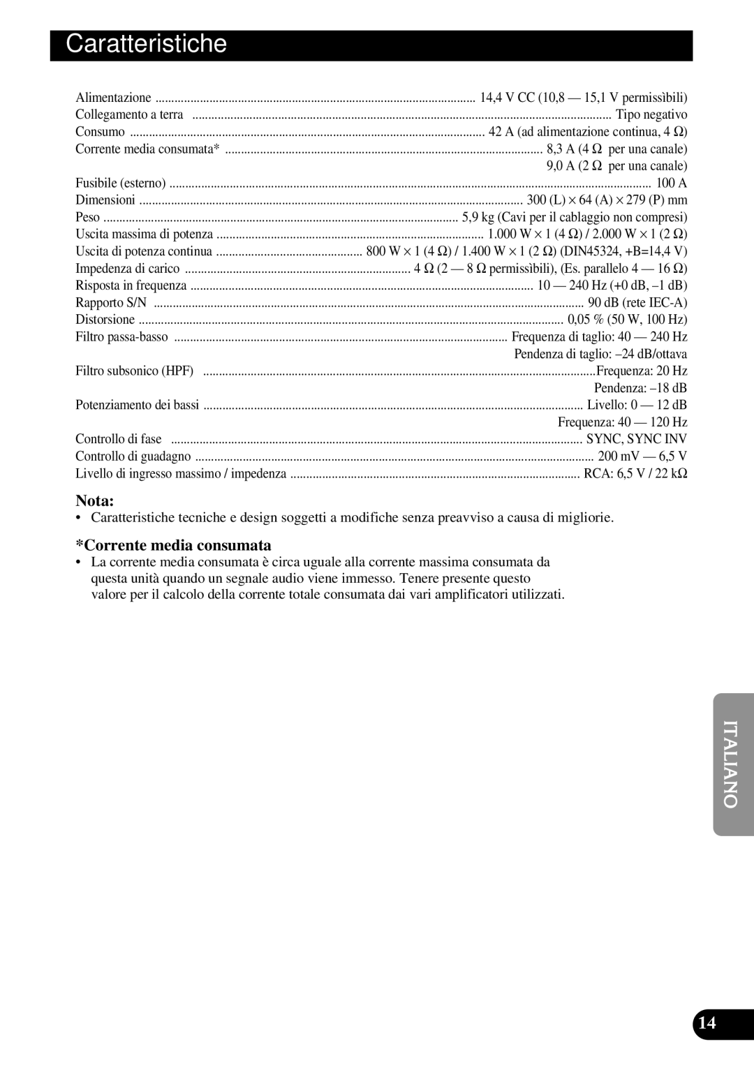 Pioneer PRS-D3000SPL owner manual Caratteristiche 