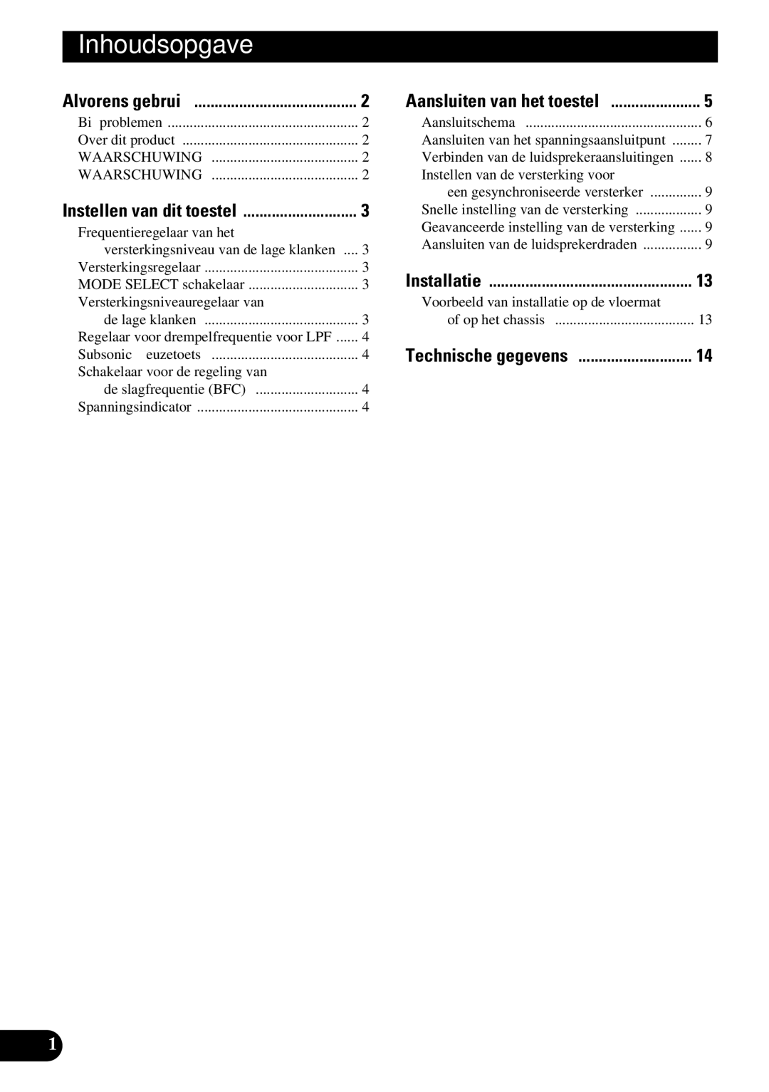 Pioneer PRS-D3000SPL owner manual Inhoudsopgave 