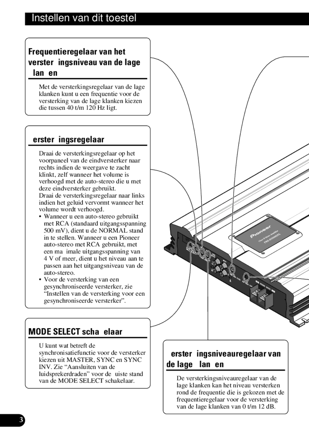 Pioneer PRS-D3000SPL owner manual Instellen van dit toestel, Versterkingsregelaar, Mode Select schakelaar 