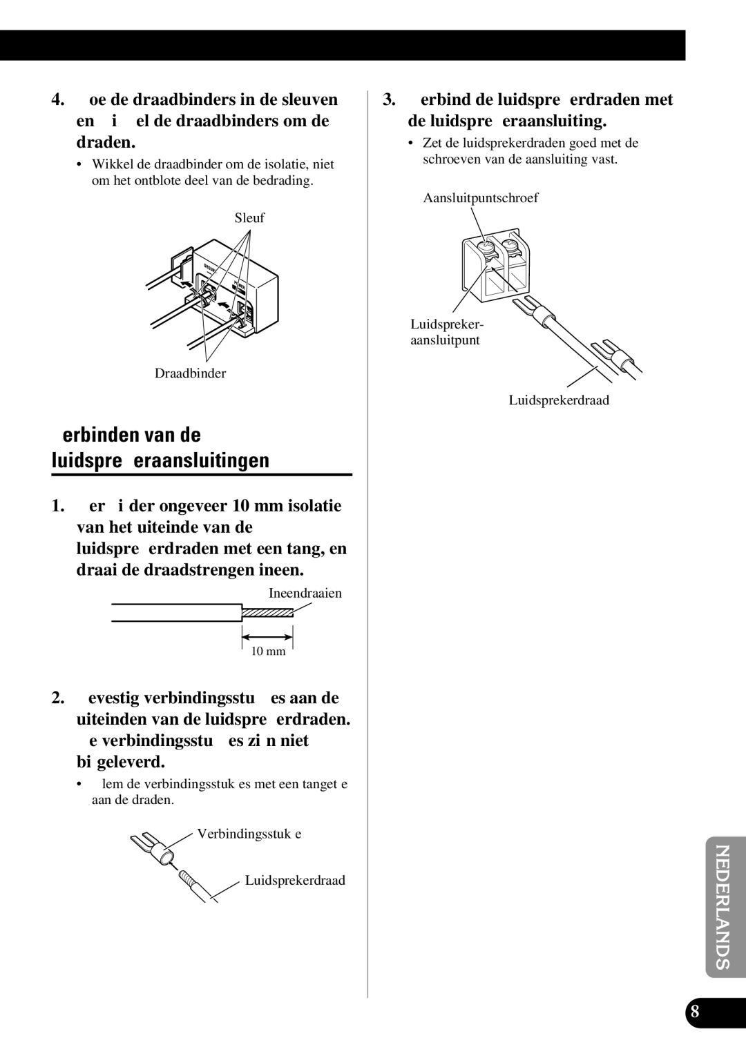 Pioneer PRS-D3000SPL Verbinden van de luidsprekeraansluitingen, Verbind de luidsprekerdraden met de luidsprekeraansluiting 