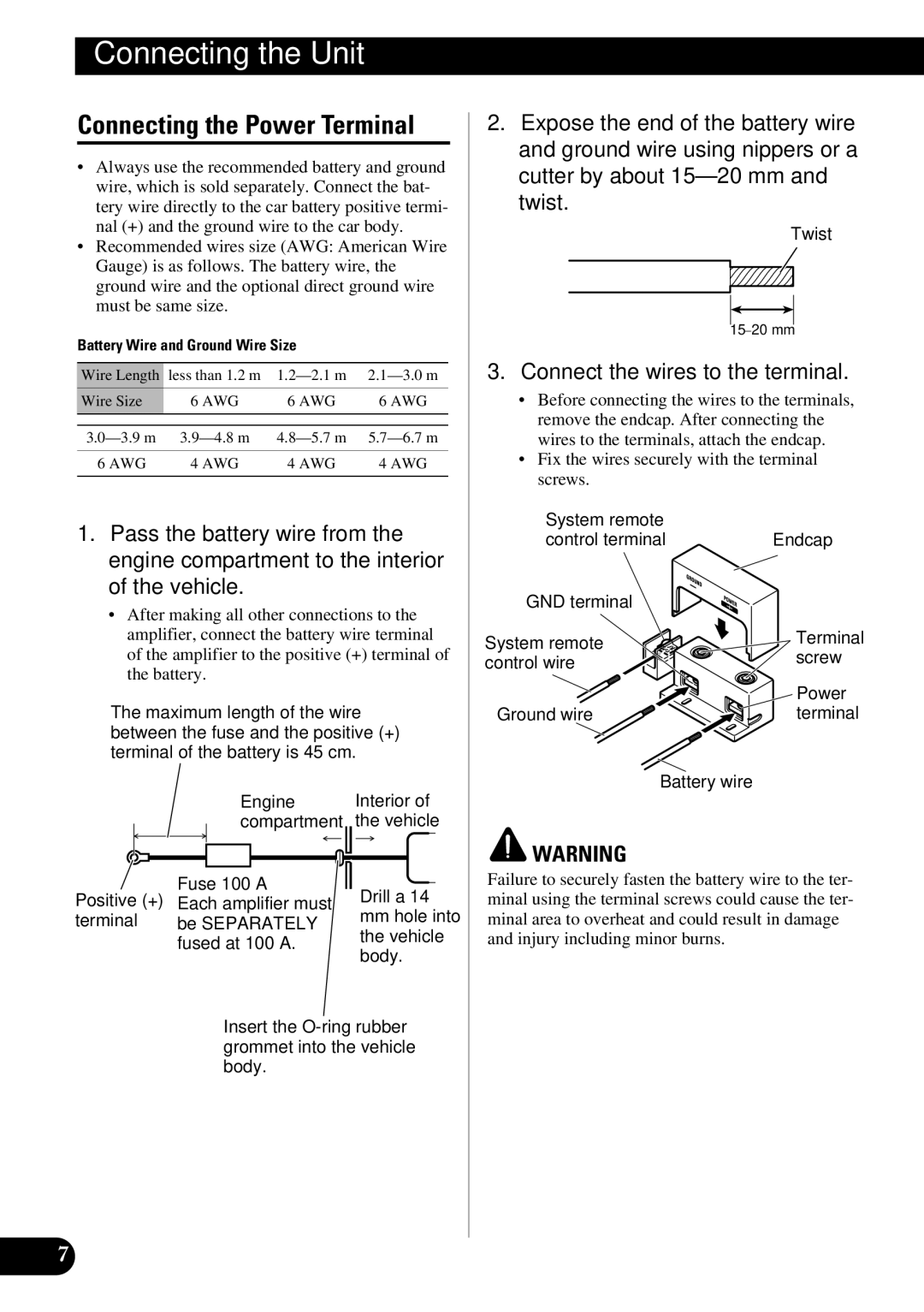 Pioneer PRS-D3000SPL owner manual Connecting the Power Terminal, Connect the wires to the terminal 