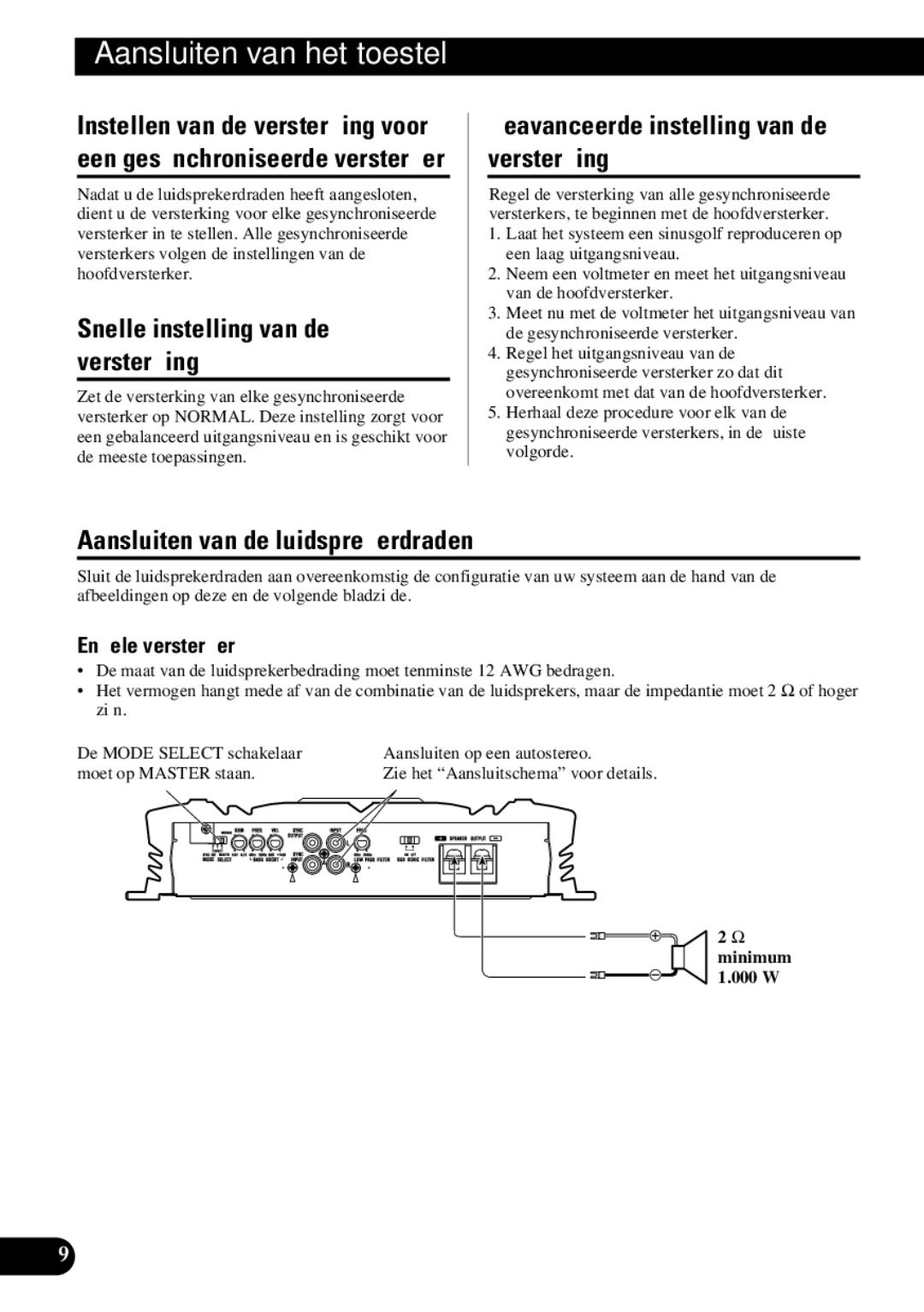 Pioneer PRS-D3000SPL Instellen van de versterking voor, Snelle instelling van de versterking, Enkele versterker 