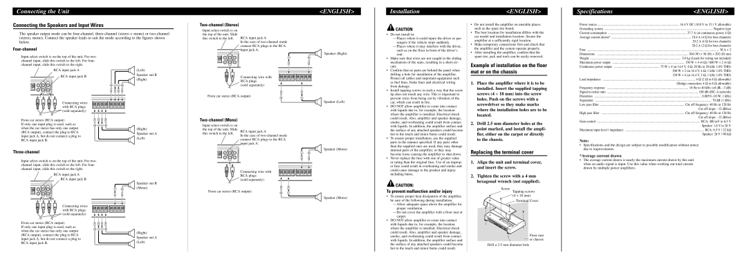 Pioneer PRS-D4000F Installation, Specifications, Connecting the Speakers and Input Wires, Replacing the terminal cover 