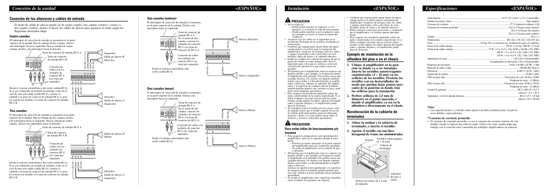 Pioneer PRS-D4000F owner manual Instalación, Especificaciones, Conexión de los altavoces y cables de entrada 