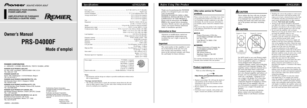 Pioneer PRS-D4000F specifications Specifications, English, Before Using This Product 