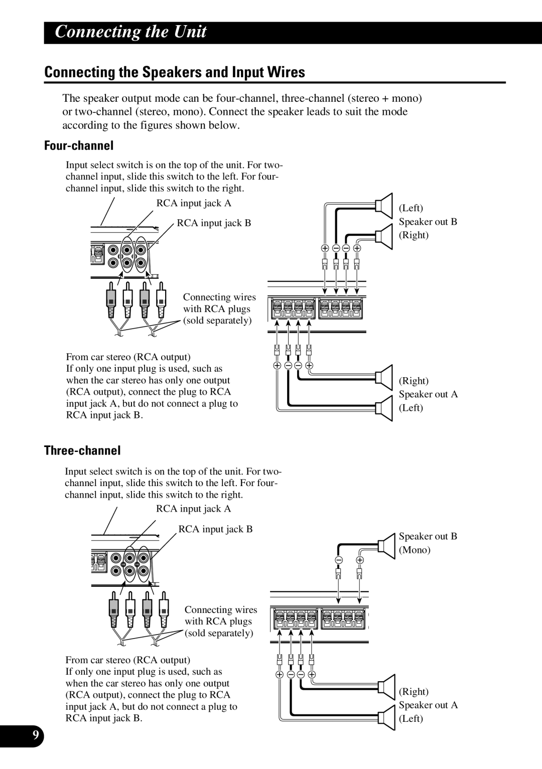 Pioneer PRS-D410 Connecting the Speakers and Input Wires, Four-channel, Three-channel, RCA input jack a RCA input jack B 