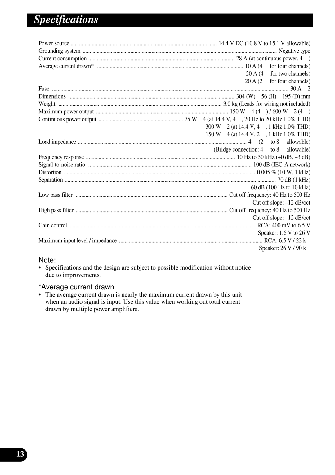 Pioneer PRS-D410 owner manual Specifications, Average current drawn 