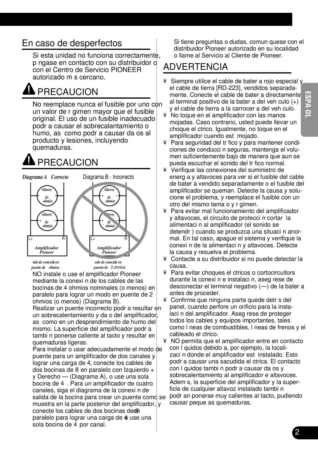 Pioneer PRS-D410 owner manual En caso de desperfectos, Contacte a su distribuidor si no puede detectar la causa 