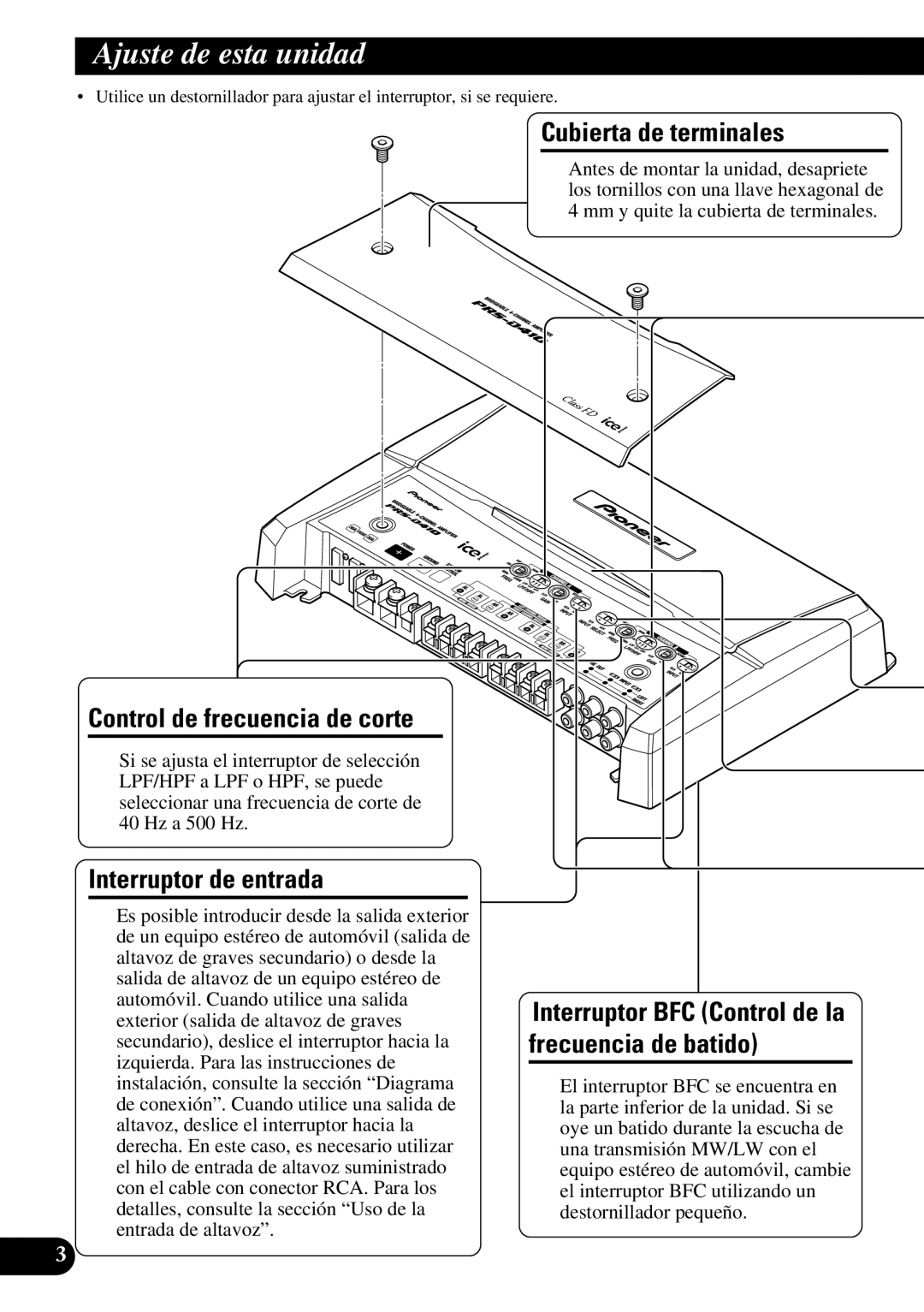 Pioneer PRS-D410 Ajuste de esta unidad, Control de frecuencia de corte, Interruptor de entrada, Cubierta de terminales 