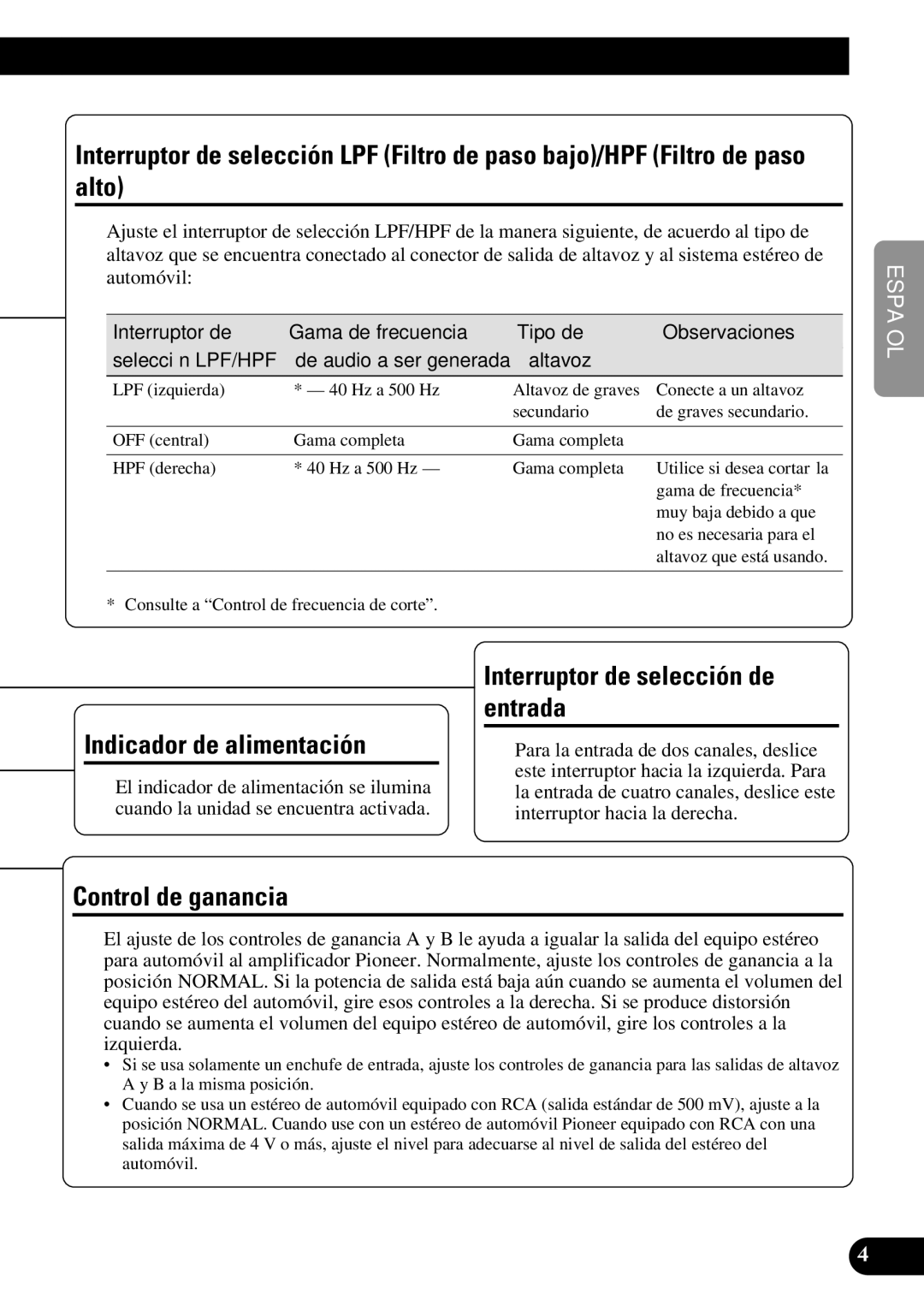 Pioneer PRS-D410 owner manual Indicador de alimentación, Control de ganancia Interruptor de selección de entrada 