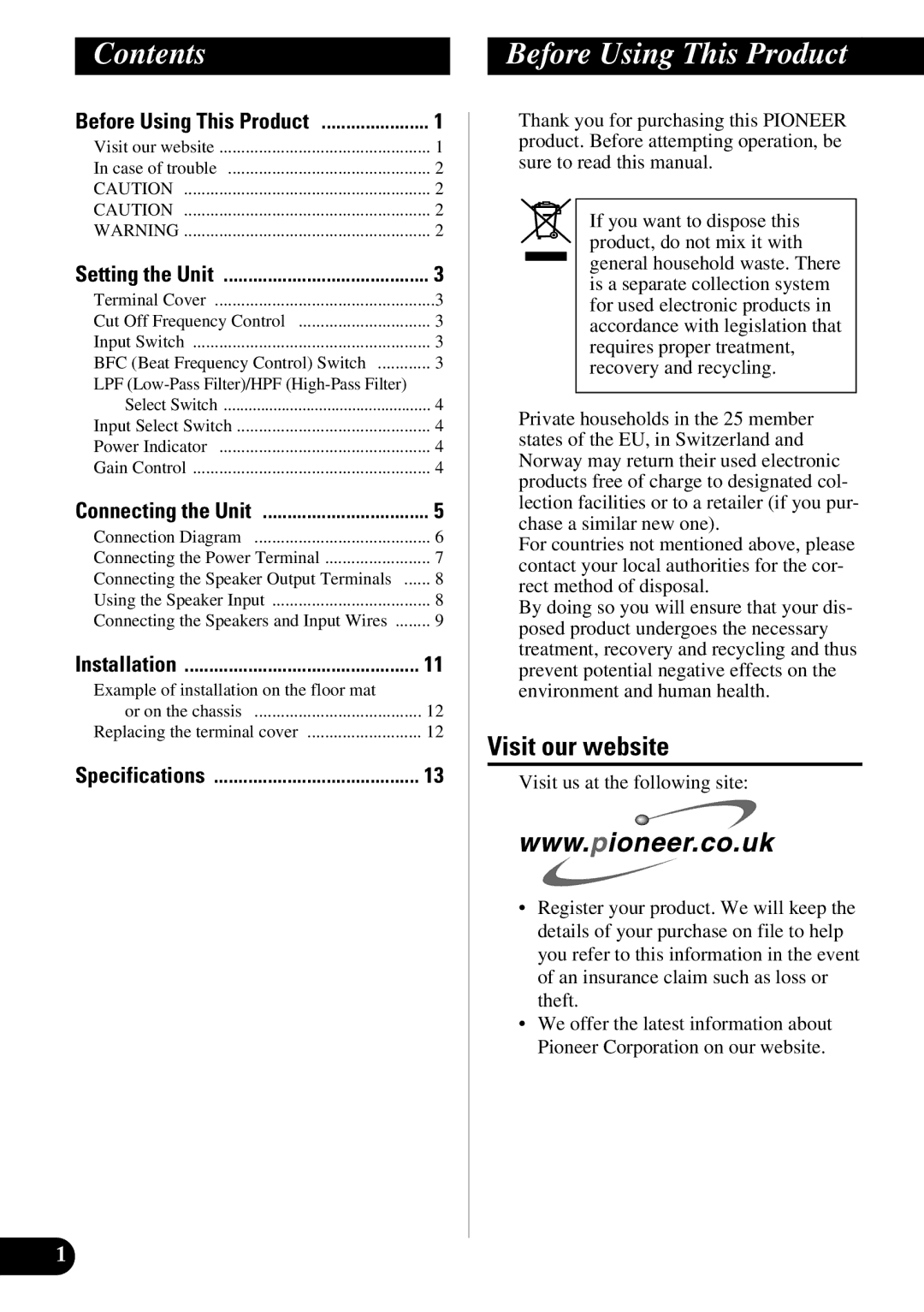 Pioneer PRS-D410 owner manual Contents, Before Using This Product 