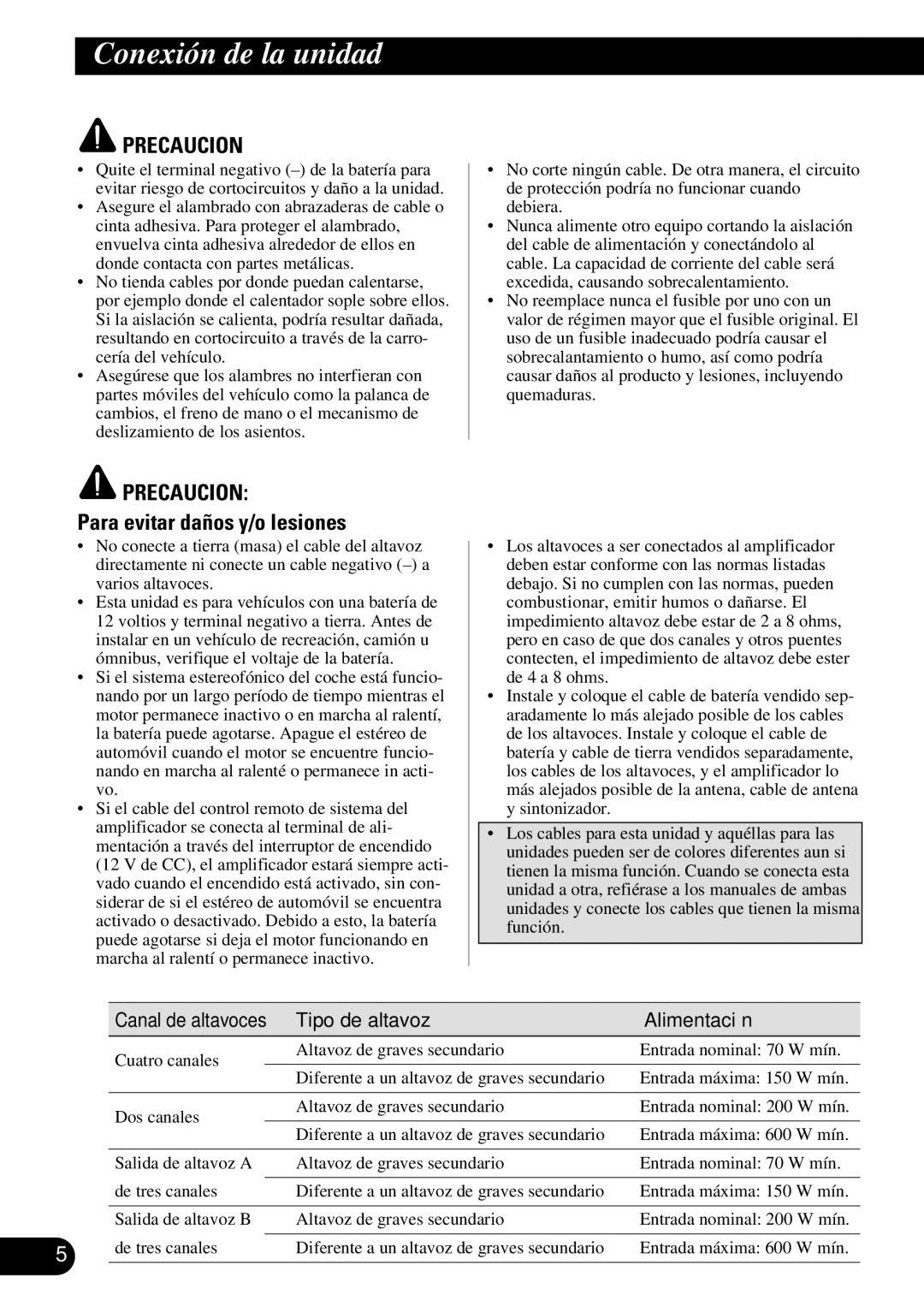 Pioneer PRS-D410 owner manual Conexión de la unidad, Para evitar daños y/o lesiones, Tipo de altavoz Alimentación 