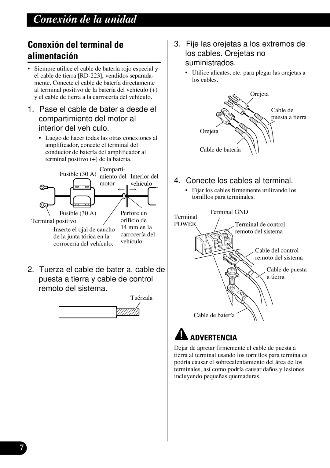 Pioneer PRS-D410 owner manual Conexión del terminal de alimentación, Conecte los cables al terminal 