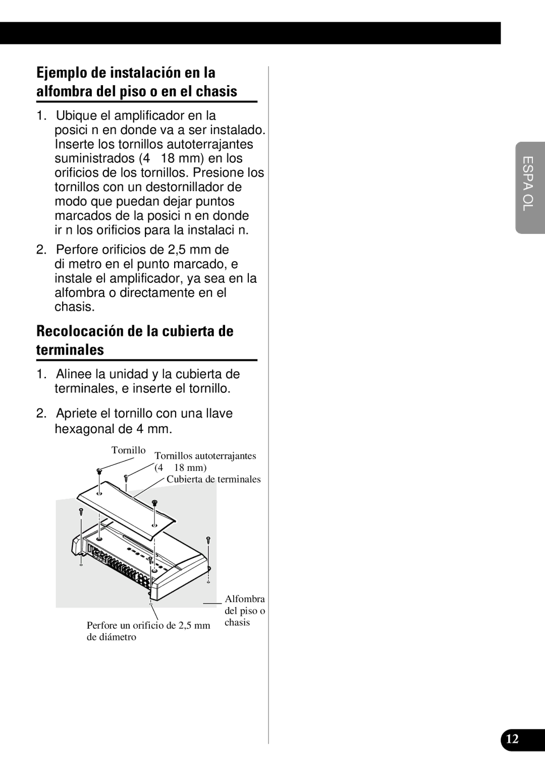 Pioneer PRS-D410 owner manual Recolocación de la cubierta de terminales, Cubierta de terminales 