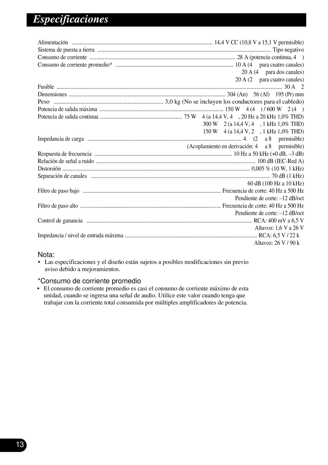 Pioneer PRS-D410 owner manual Especificaciones, Consumo de corriente promedio 