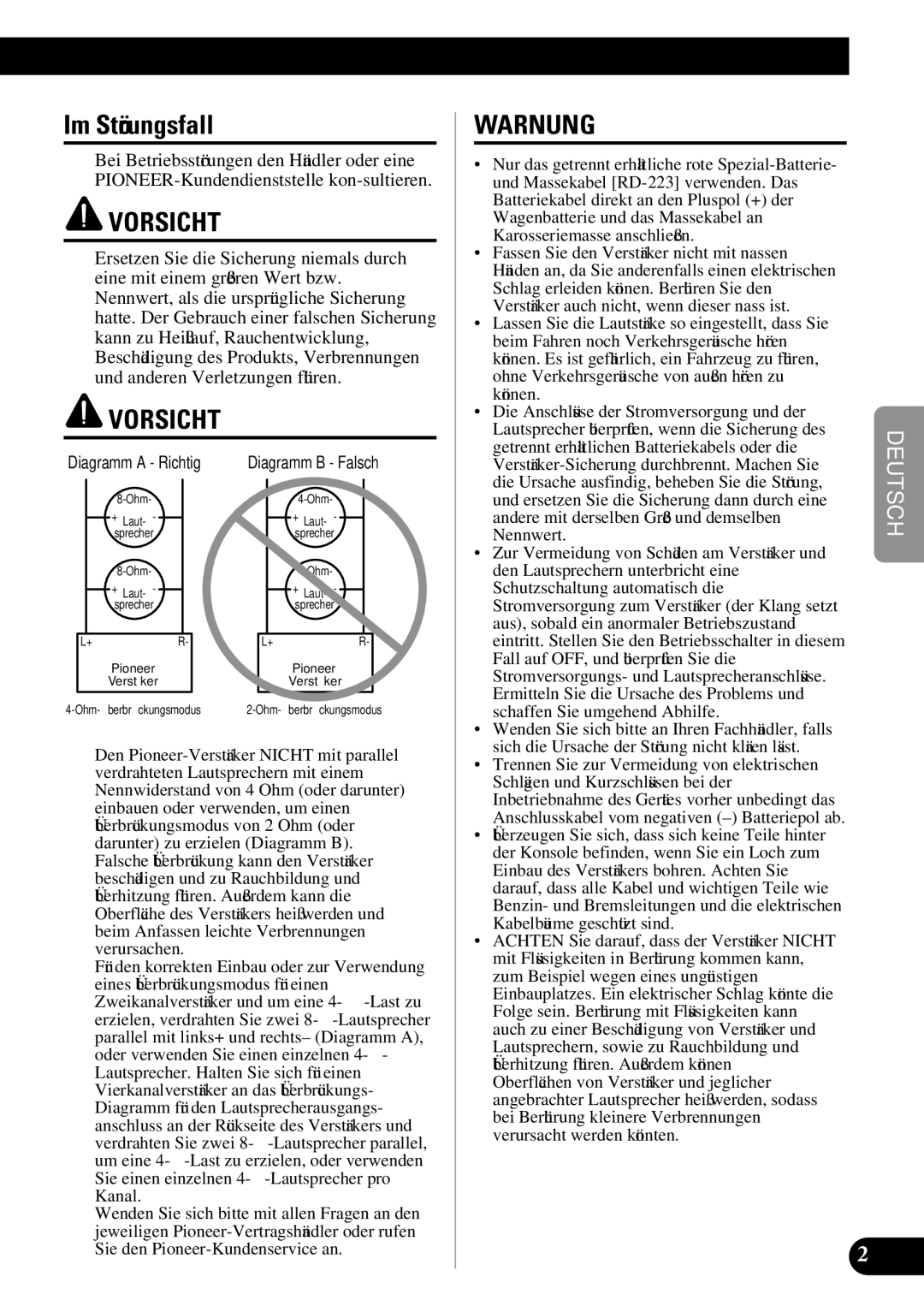 Pioneer PRS-D410 owner manual Im Störungsfall, Vorsicht 