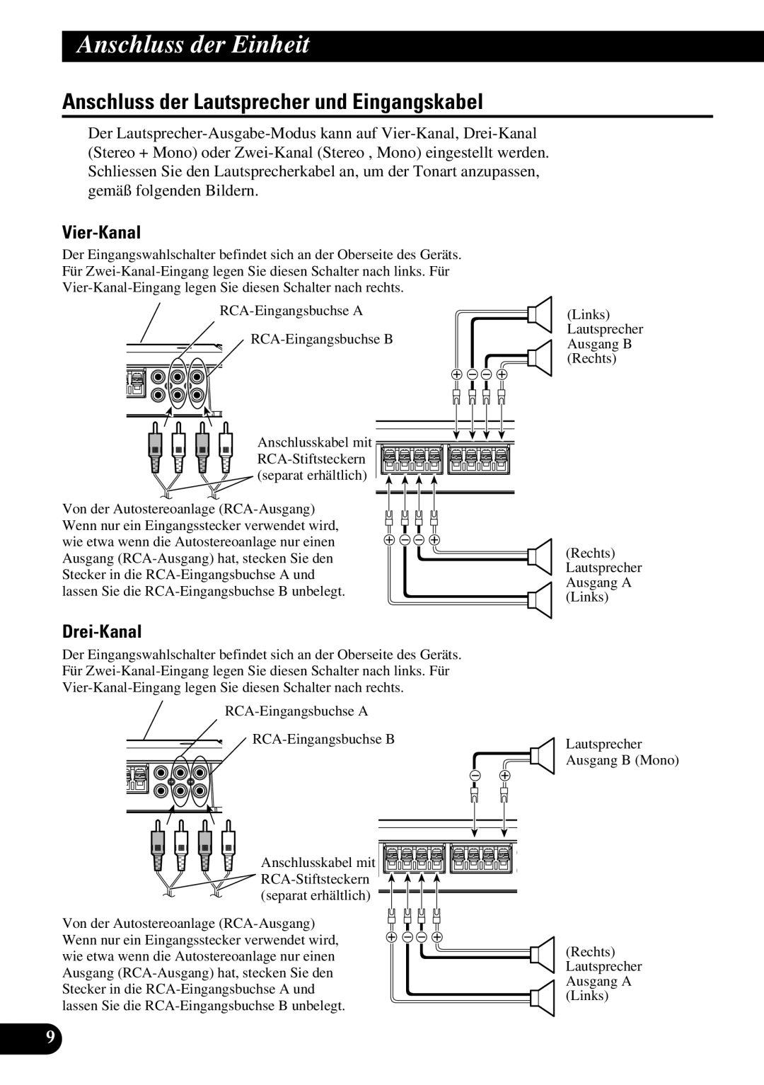 Pioneer PRS-D410 owner manual Anschluss der Lautsprecher und Eingangskabel, Vier-Kanal, Drei-Kanal, Separat erhältlich 