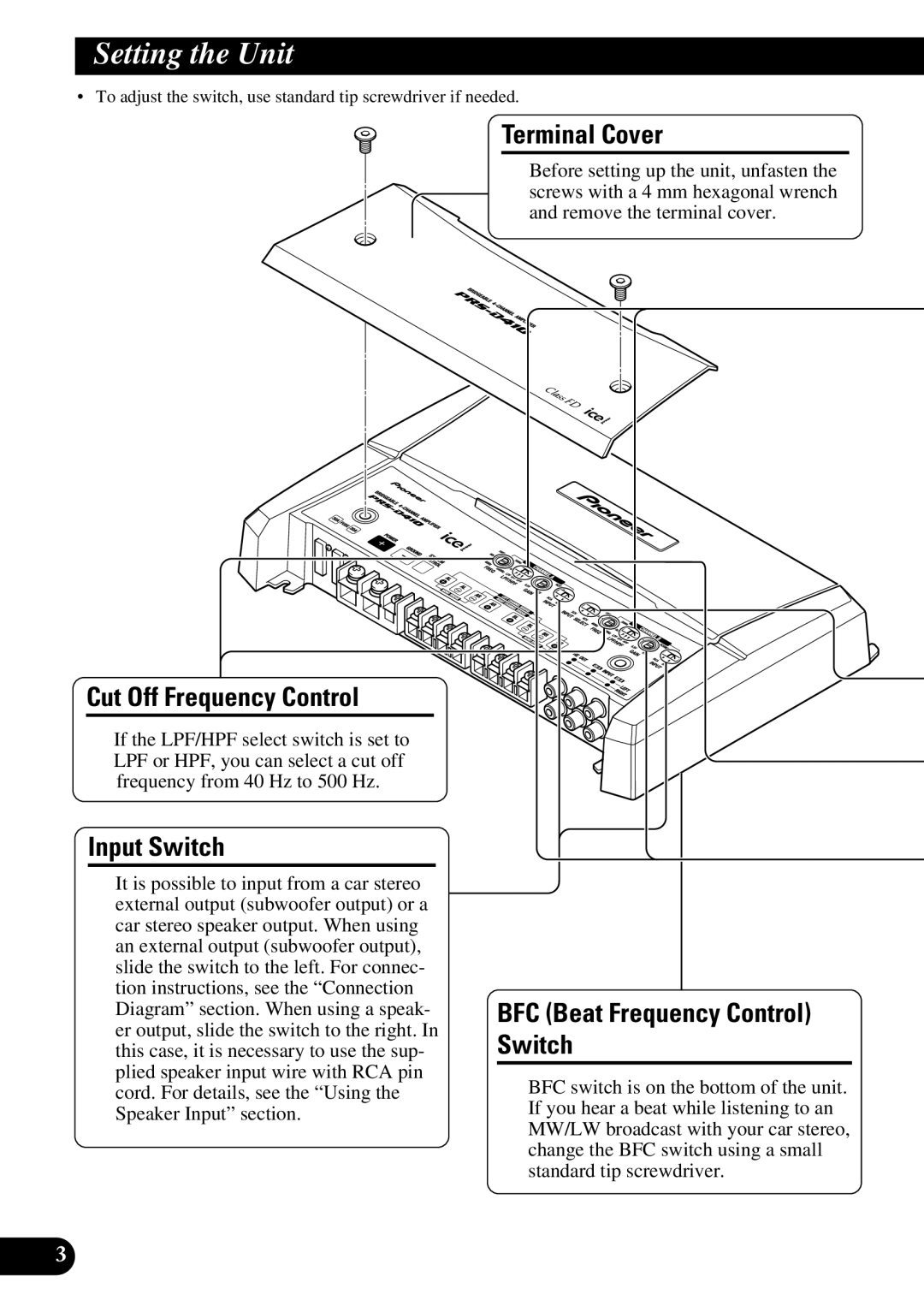 Pioneer PRS-D410 owner manual Setting the Unit, Terminal Cover, Cut Off Frequency Control, Input Switch 