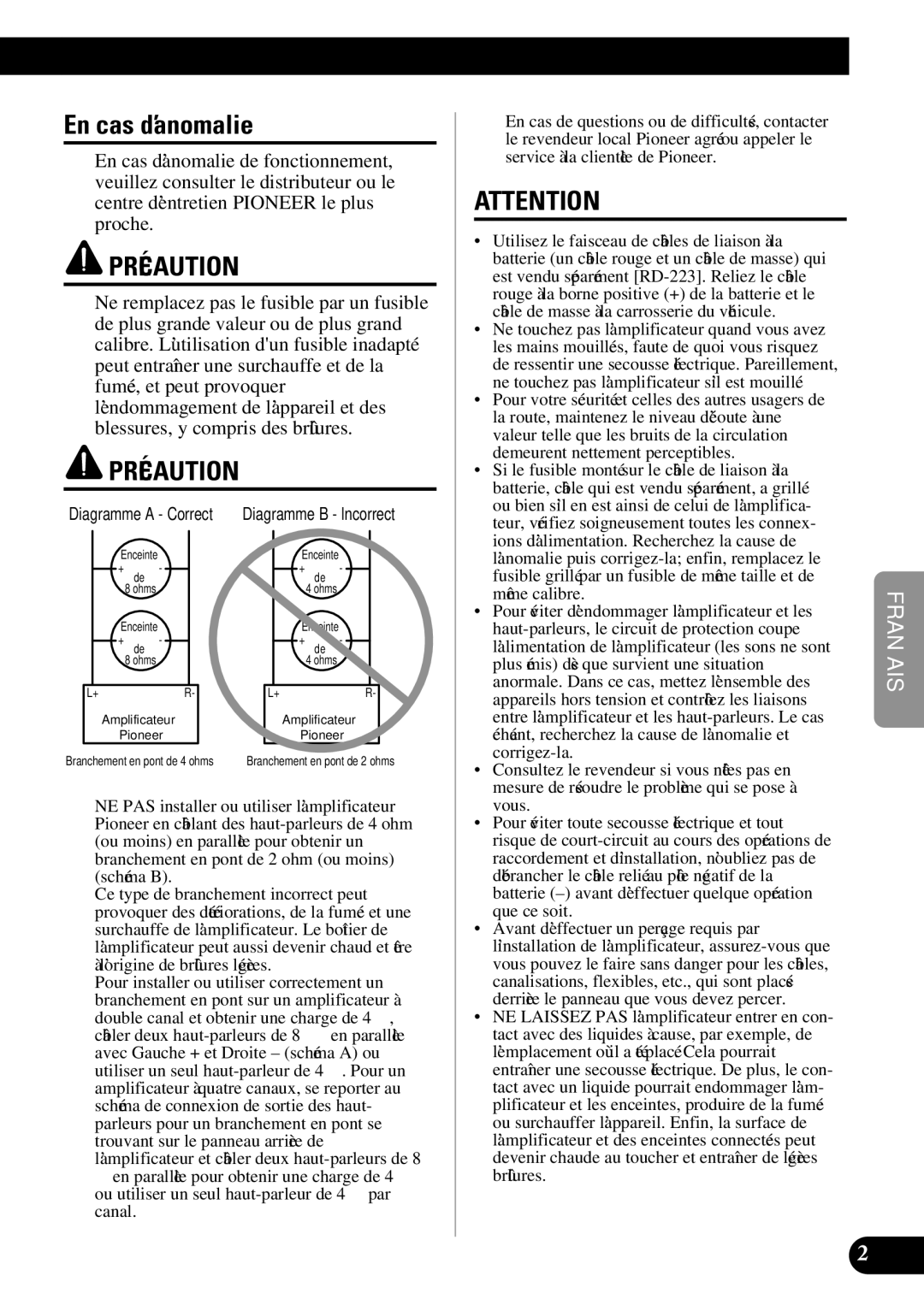 Pioneer PRS-D410 owner manual En cas d’anomalie, Précaution 