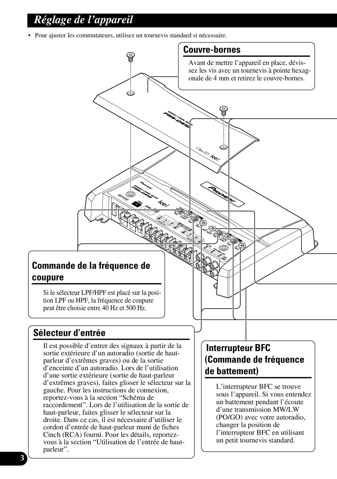 Pioneer PRS-D410 owner manual Réglage de l’appareil, Couvre-bornes, Commande de la fréquence de coupure, Sélecteur d’entrée 